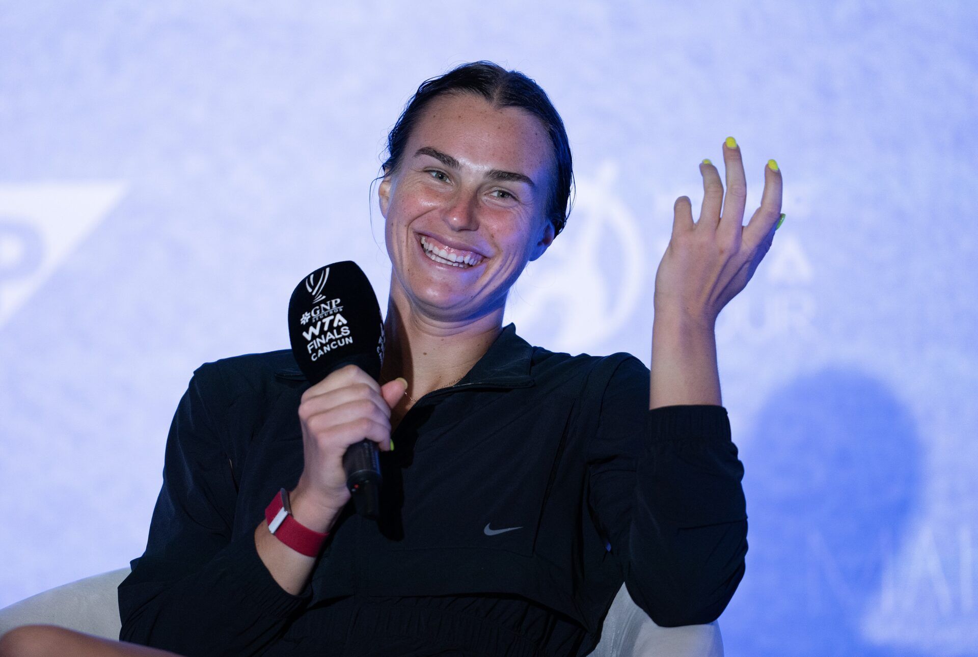 Aryna Sabalenka (BLR) in her press conference after her match against Iga Swiatek (POL) on day eight of the GNP Saguaros WTA Finals Cancun.