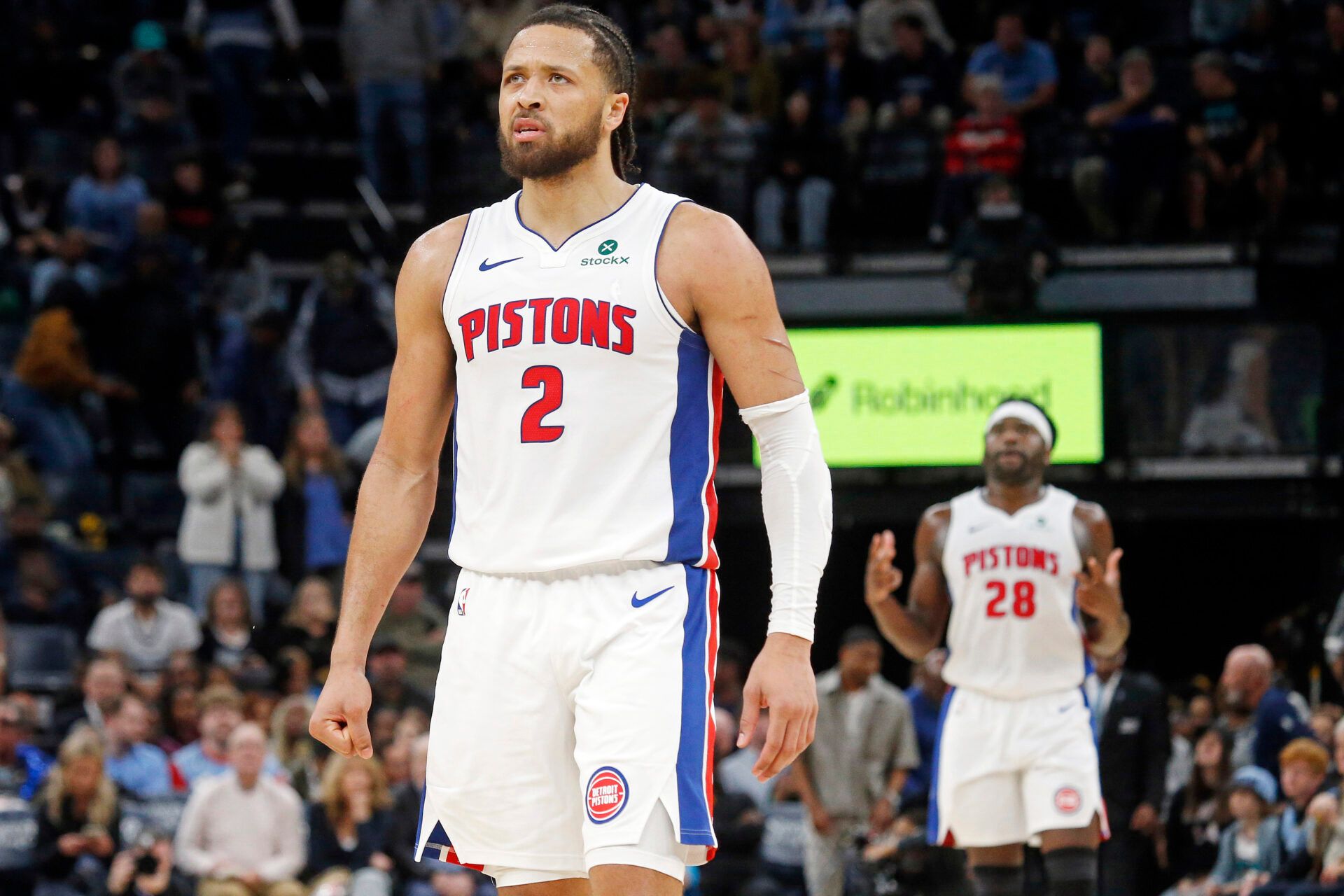 Detroit Pistons guard Cade Cunningham (2) reacts during the fourth quarter against the Memphis Grizzlies at FedExForum.
