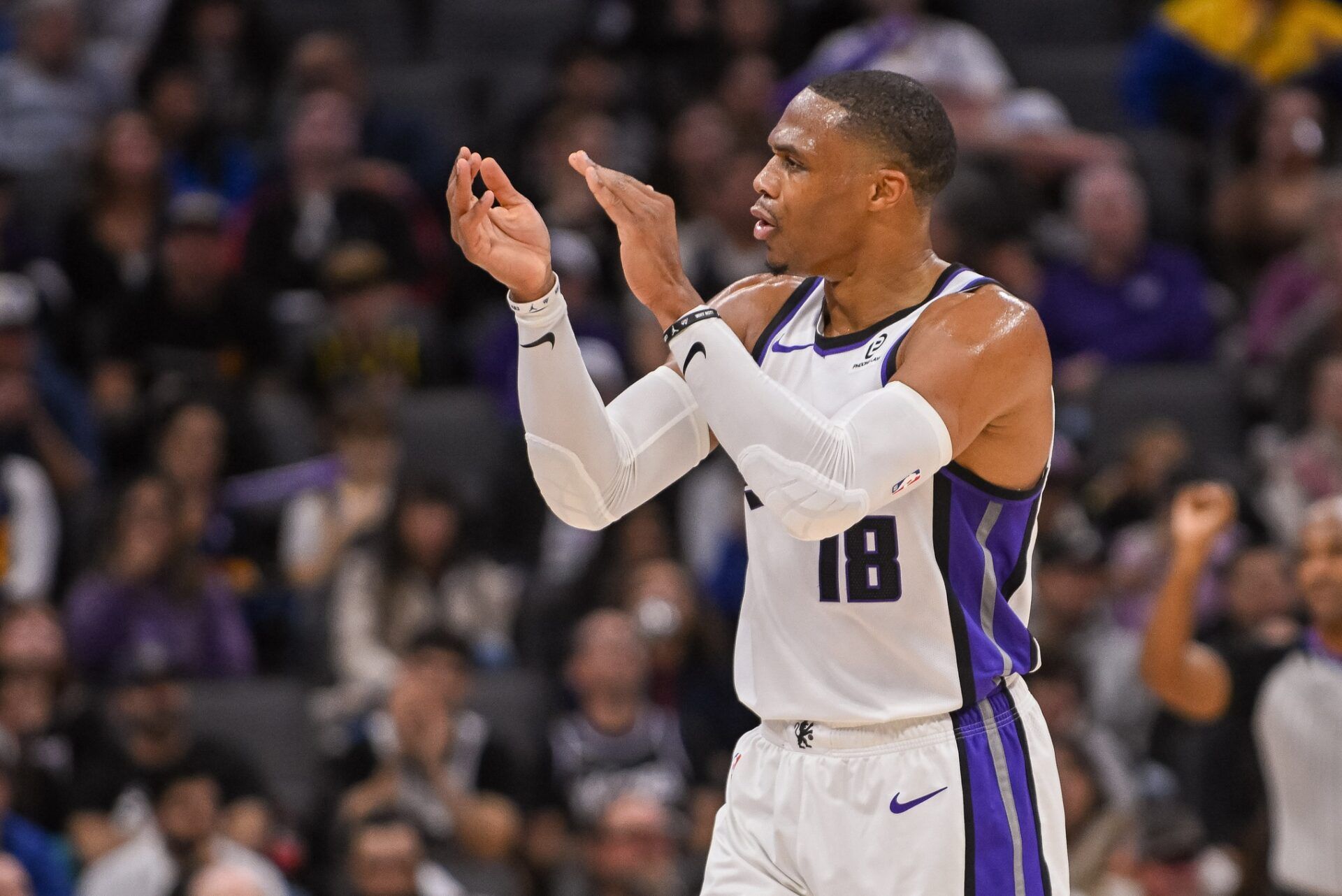 Sacramento Kings guard Russell Westbrook (18) celebrates after scoring against the Golden State Warriors during the third quarter at Golden 1 Center.