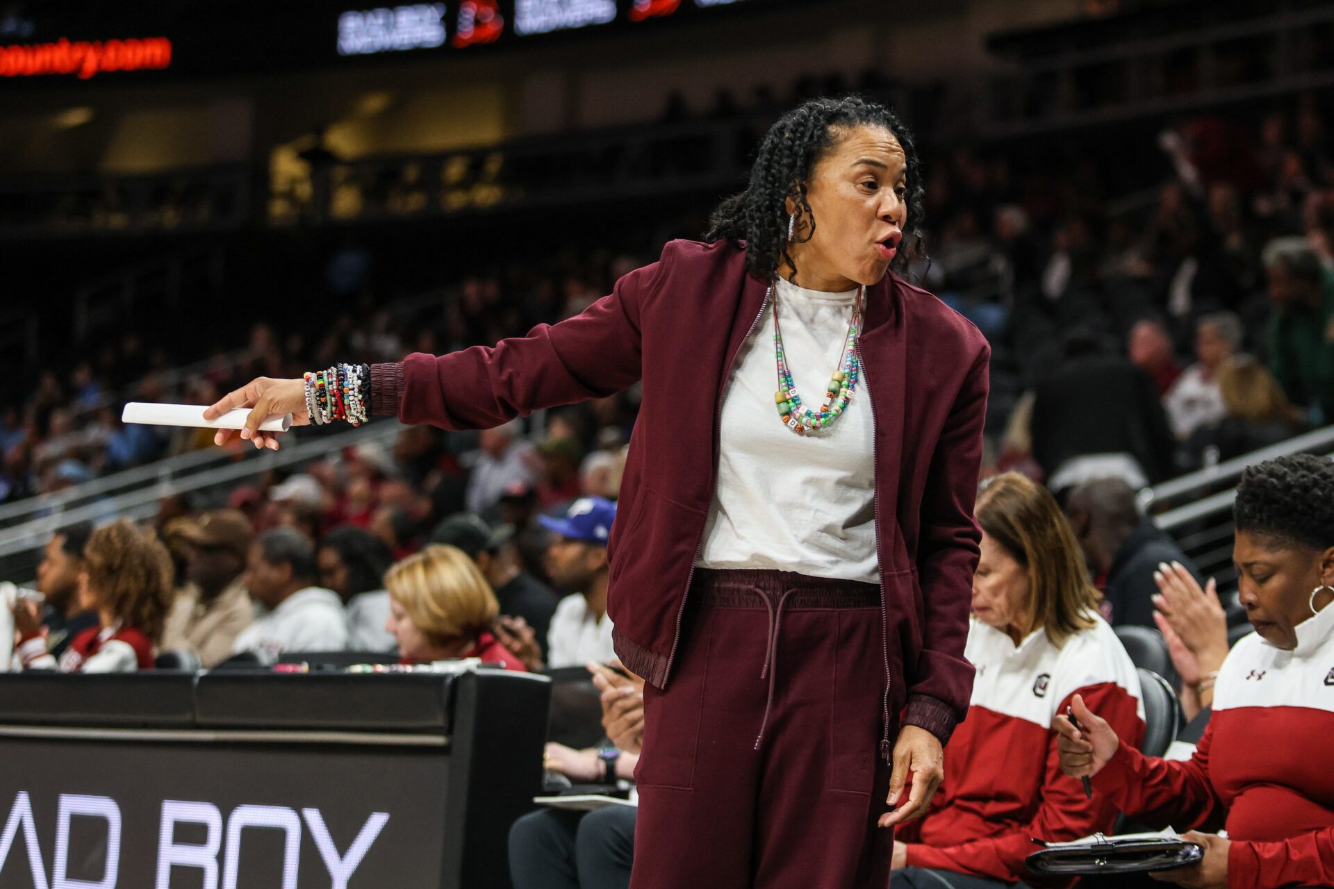 South Carolina Gamecocks head coach Dawn Staley talks to the bench in the game against the North Carolina Tar Heels during the first quarter at State Farm Arena.