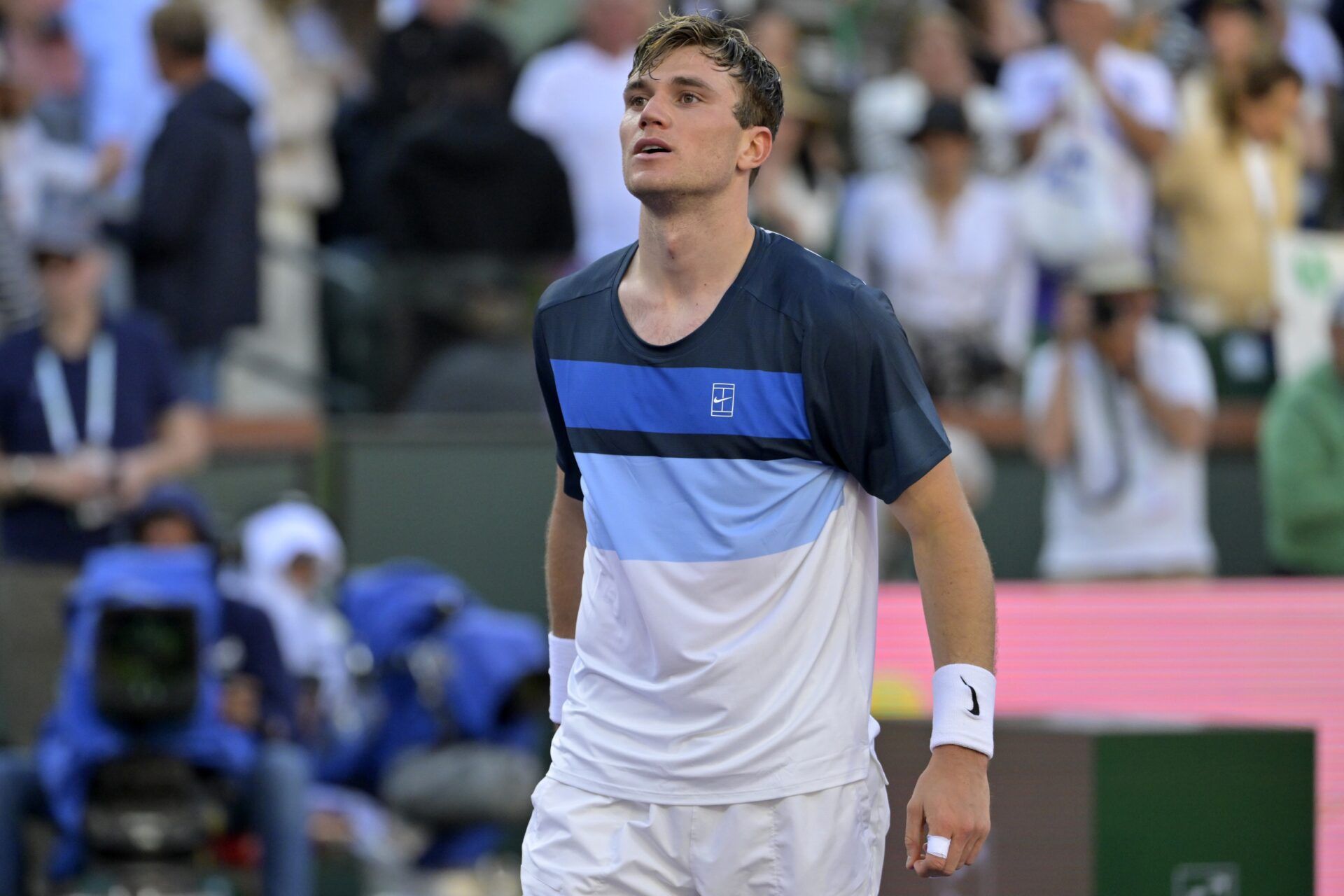 Jack Draper (GBR) reacts after defeating Carlos Alcaraz (not pictured) in three sets during his semifinal match at the BNP Paribas Open at the Indian Well Tennis Garden.
