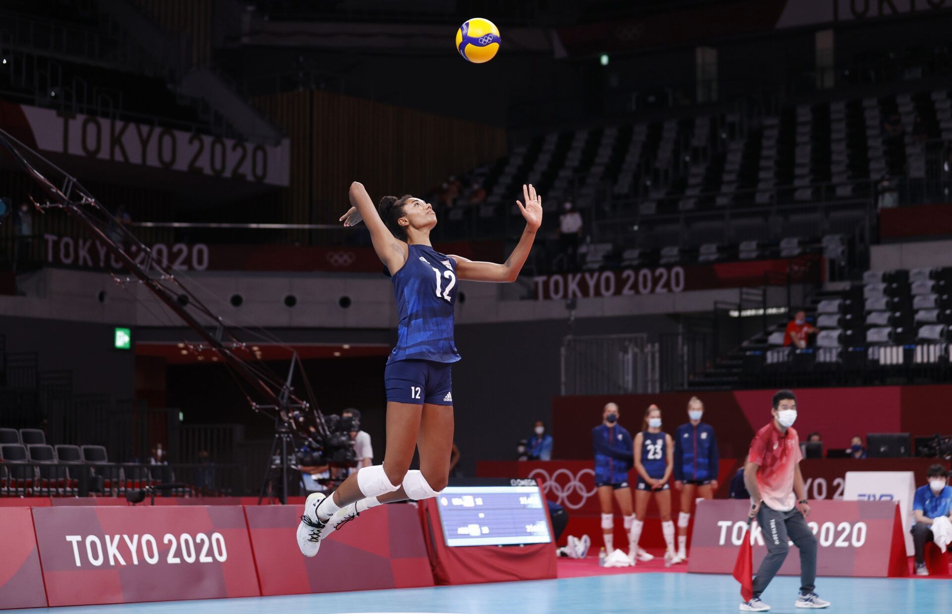 USA player Jordan Thompson (12) serves against Argentina during the Tokyo 2020 Olympic Summer Games at Ariake Arena.
