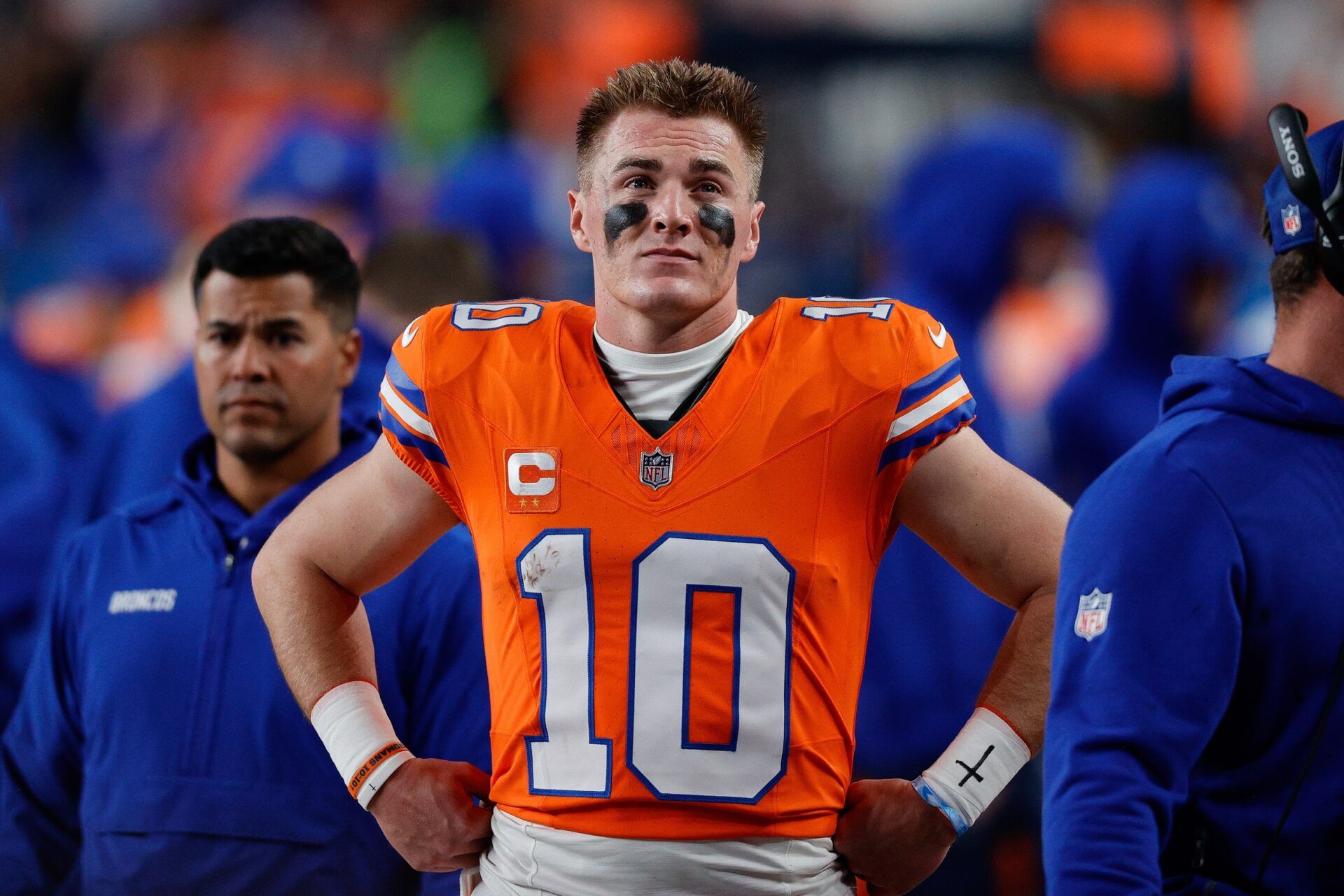 Denver Broncos quarterback Bo Nix (10) in the fourth quarter against the Las Vegas Raiders at Empower Field at Mile High.
