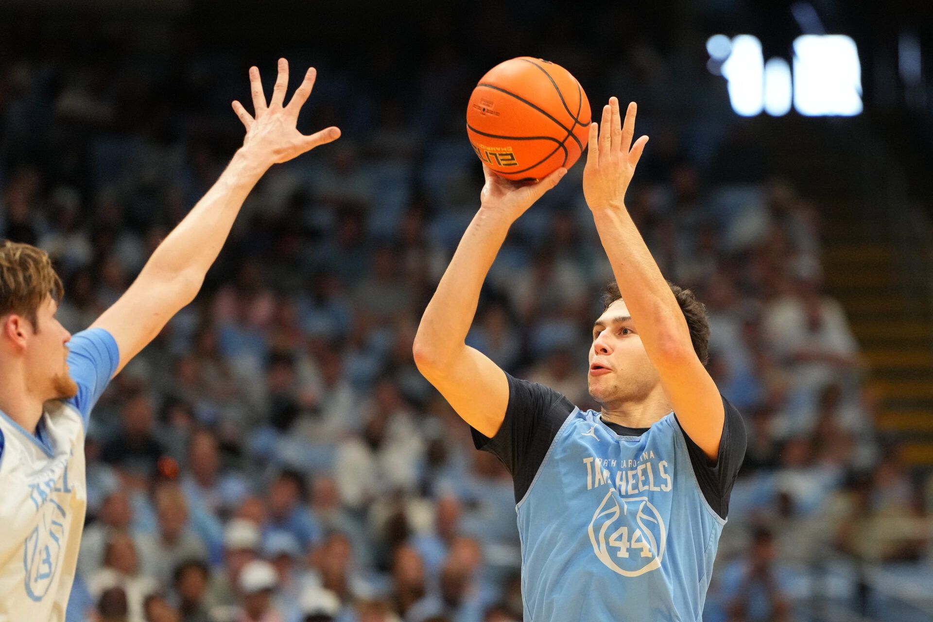 North Carolina Tar Heels guard Luka Bogavac (44) shoots as center Henri Veesaar (13) defends in the second half at Dean E. Smith Center.