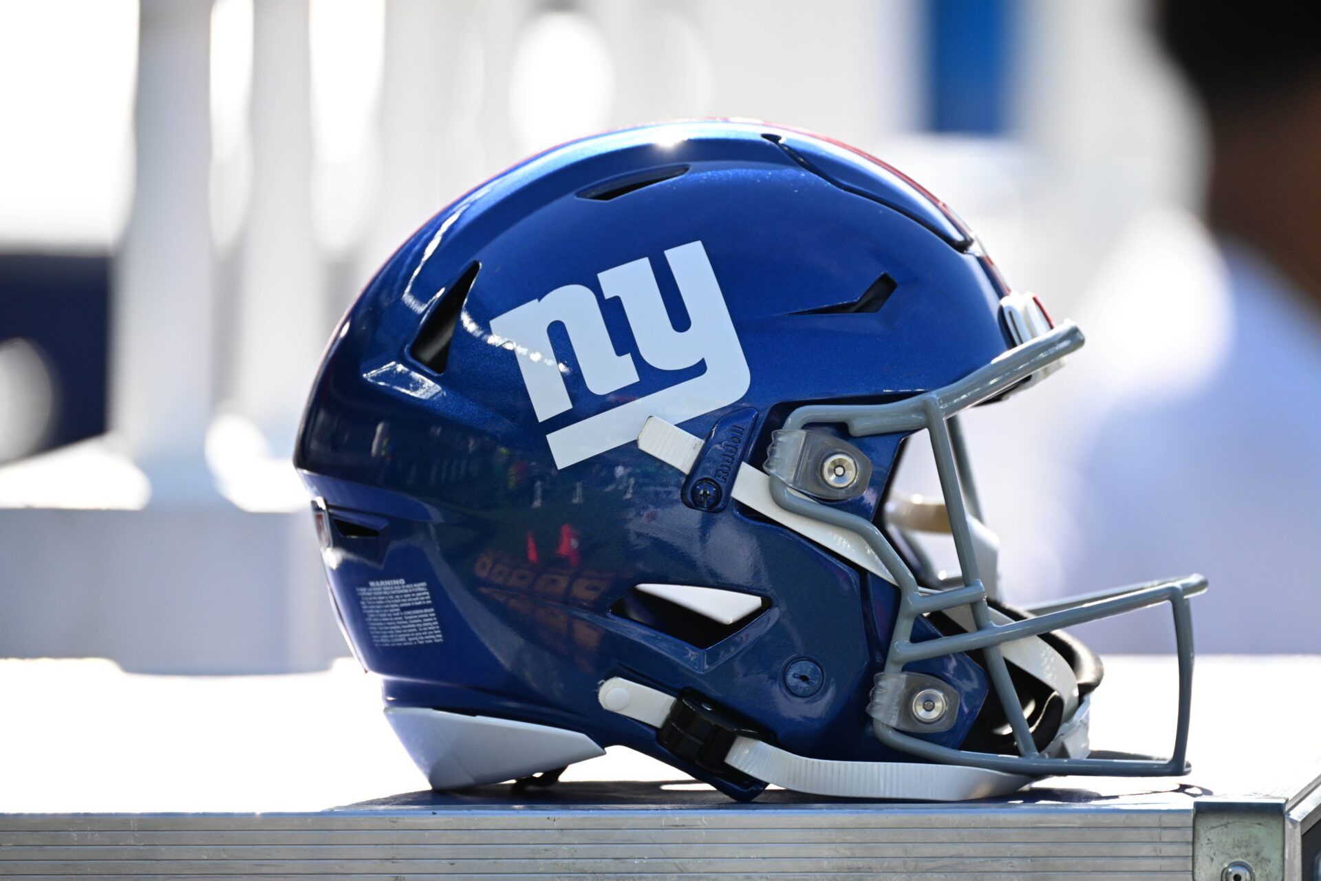New York Giants helmet on the sidelines against the Philadelphia Eagles at Lincoln Financial Field.