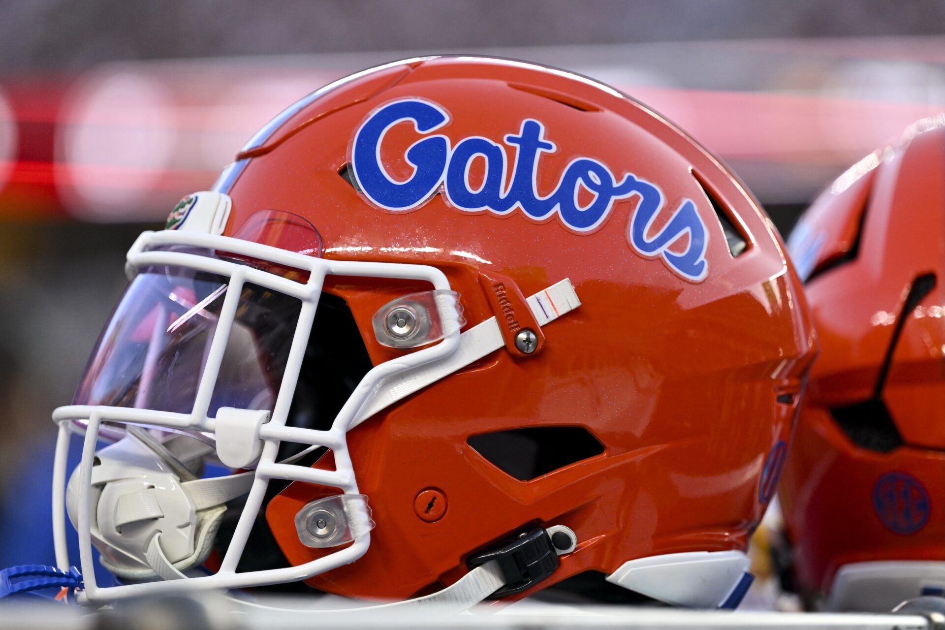 A detail view of a Florida Gators helmet on the sideline during the first half against the Texas A&M Aggies at Kyle Field.