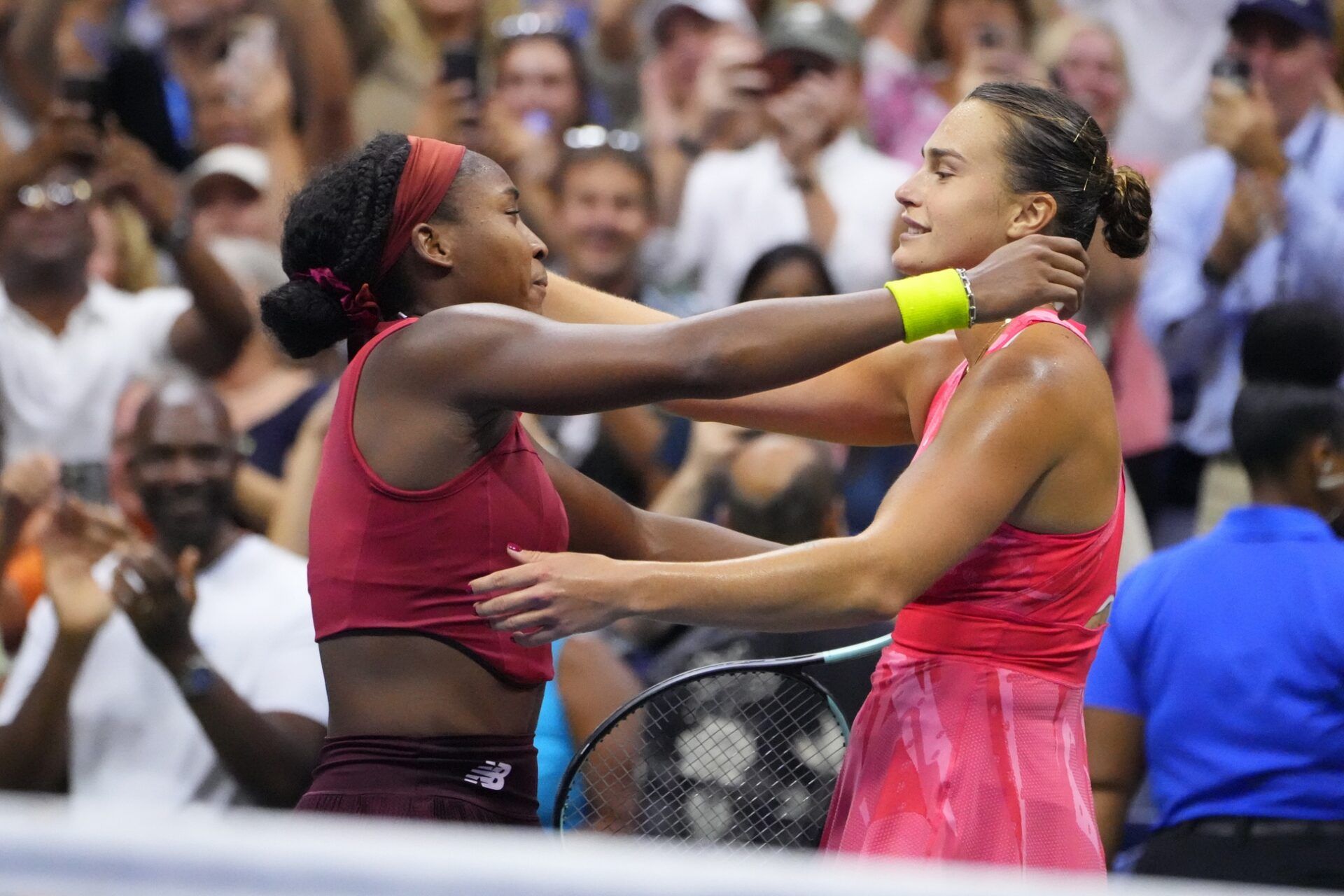 Flushing, NY, USA; Coco Gauff of the United States (left) greets Aryna Sabalenka after the women's singles final on day thirteen of the 2023 U.S. Open tennis tournament at USTA Billie Jean King Tennis Center.