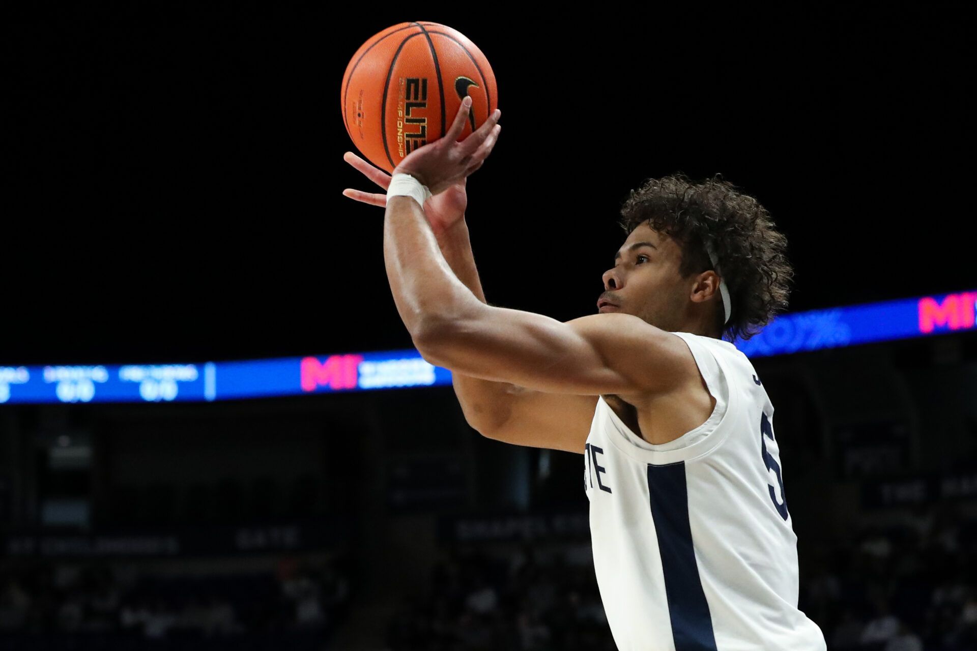 Penn State Nittany Lions guard/forward Puff Johnson (5) shoots the ball during the first half against the Oregon Ducks at Bryce Jordan Center.
