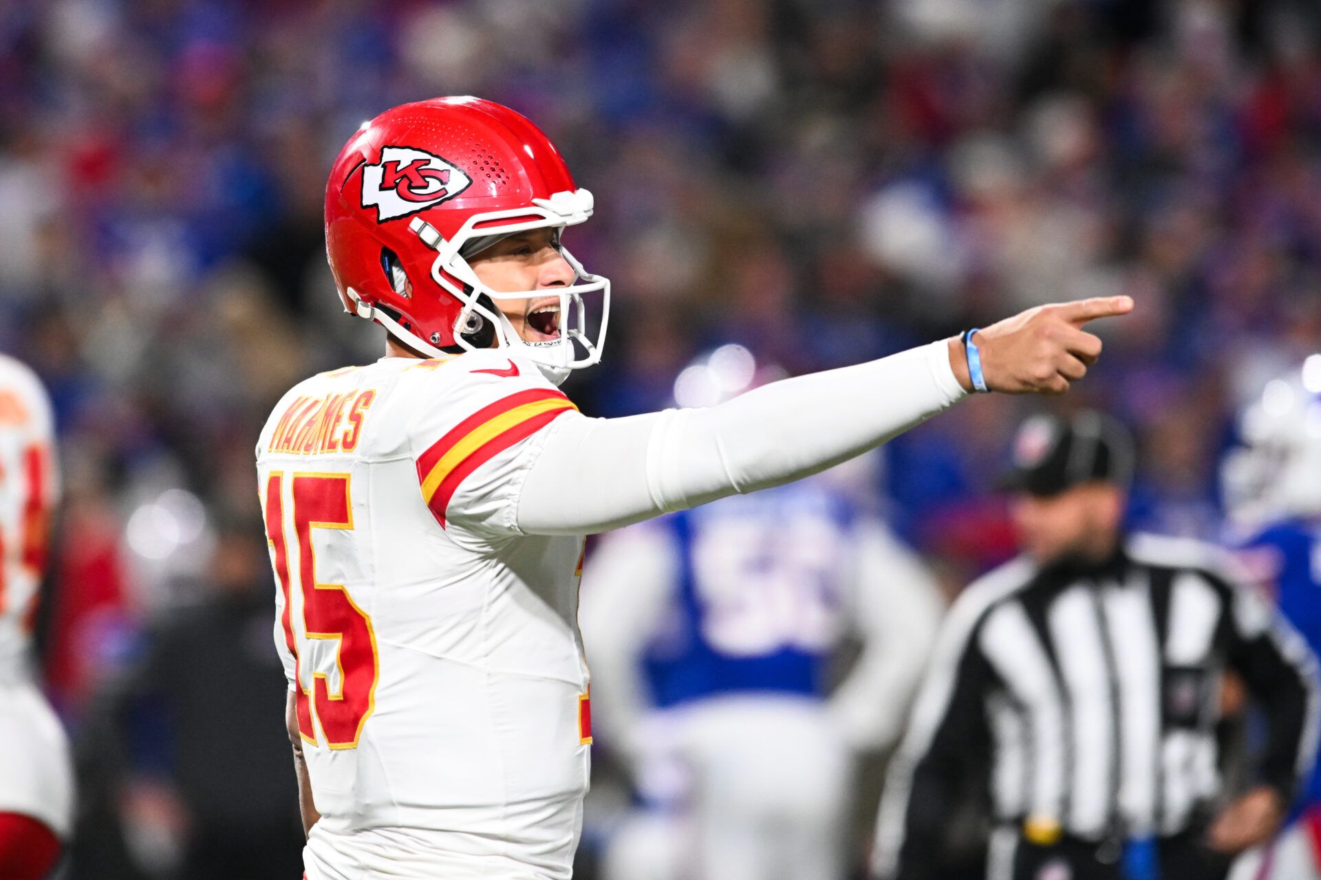 Kansas City Chiefs quarterback Patrick Mahomes (15) reacts in the second half against the Buffalo Bills at Highmark Stadium.