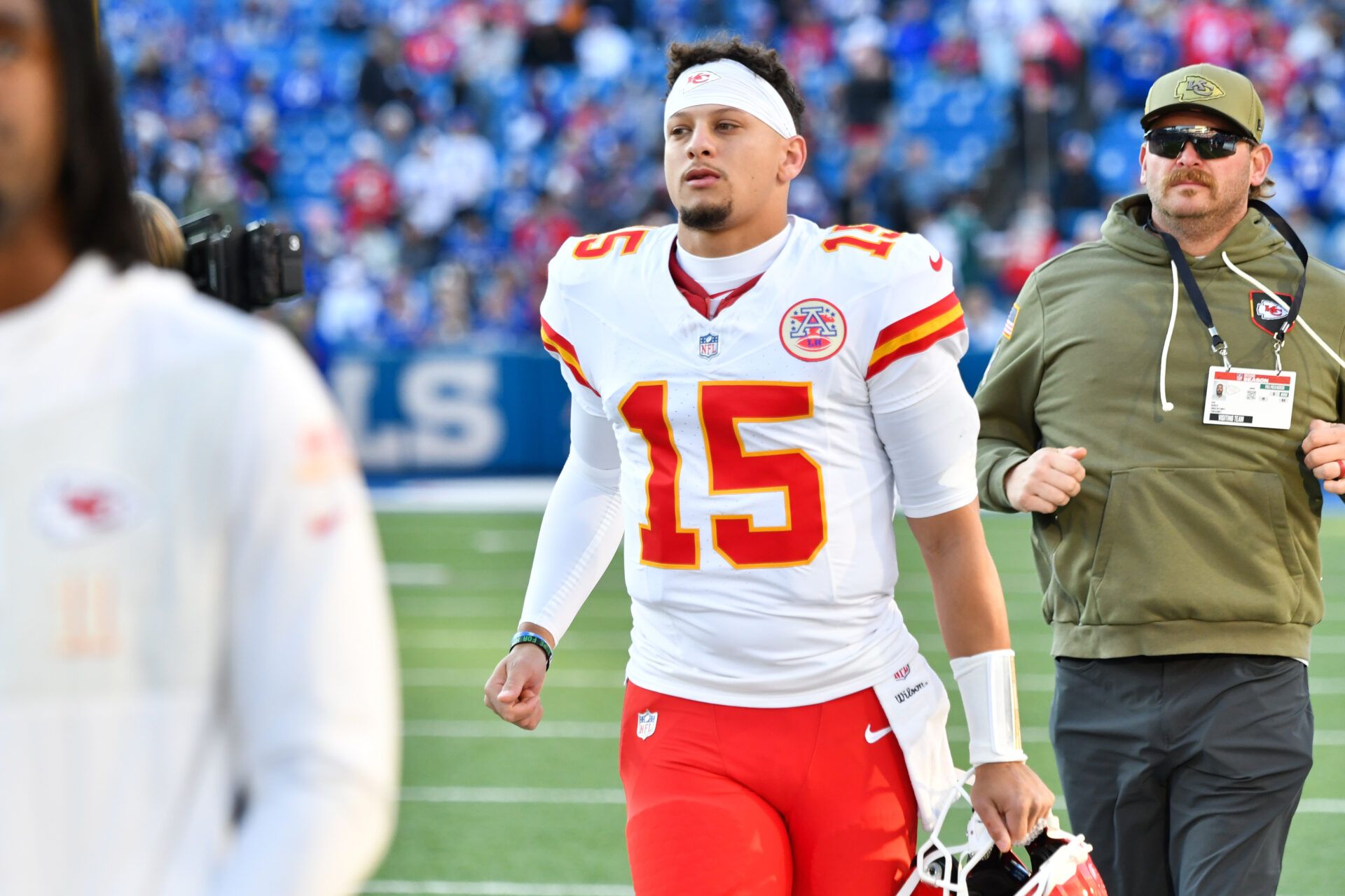 Kansas City Chiefs quarterback Patrick Mahomes (15) walks the sideline before the game against the Buffalo Bills at Highmark Stadium.