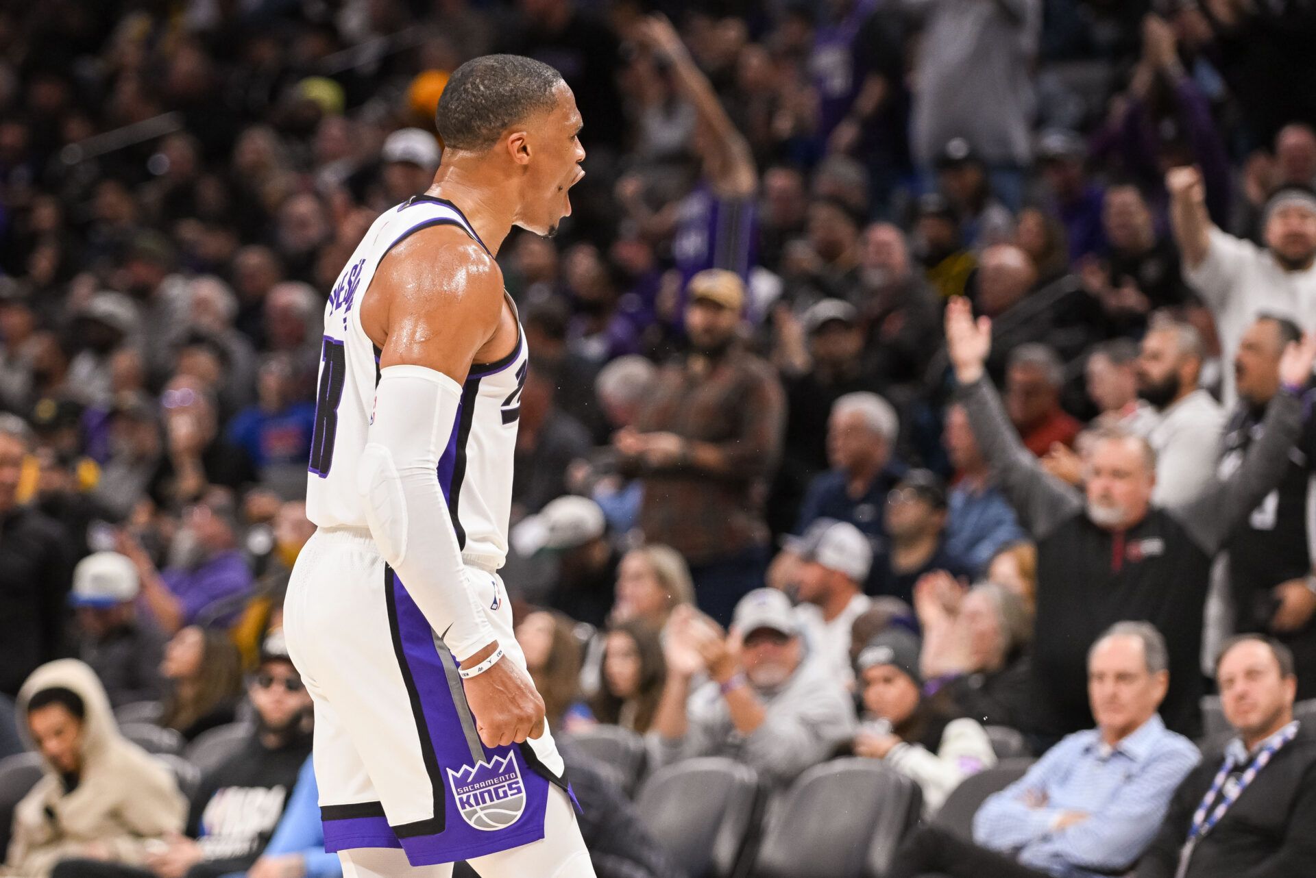 Sacramento Kings guard Russell Westbrook (18) celebrates after scoring against the Golden State Warriors during the third quarter at Golden 1 Center.