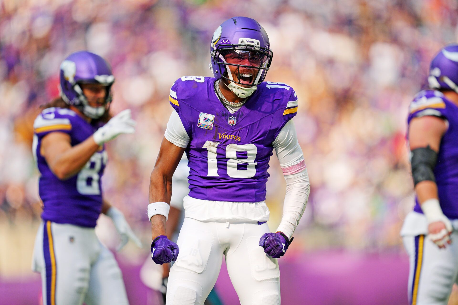 Minnesota Vikings wide receiver Justin Jefferson (18) reacts after a play against the Philadelphia Eagles during the second half at U.S. Bank Stadium.