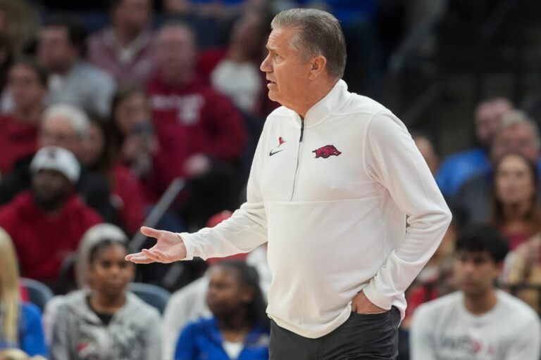 Arkansas' head coach John Calipari reacts during the exhibition game between Arkansas and Memphis during the Hoops for St. Jude Tip Off Classic at FedExForum on October 27, 2025.