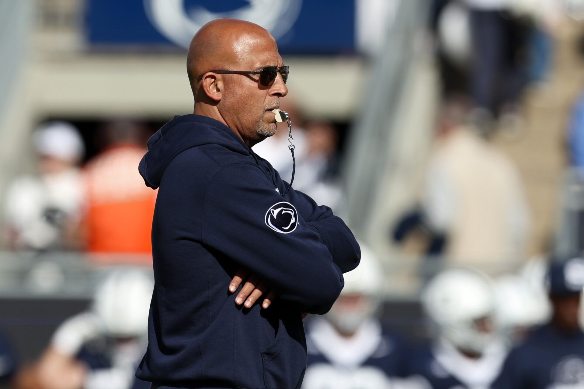 Penn State Nittany Lions head coach James Franklin stands on the field during a warmup prior to the game against the Northwestern Wildcats at Beaver Stadium.