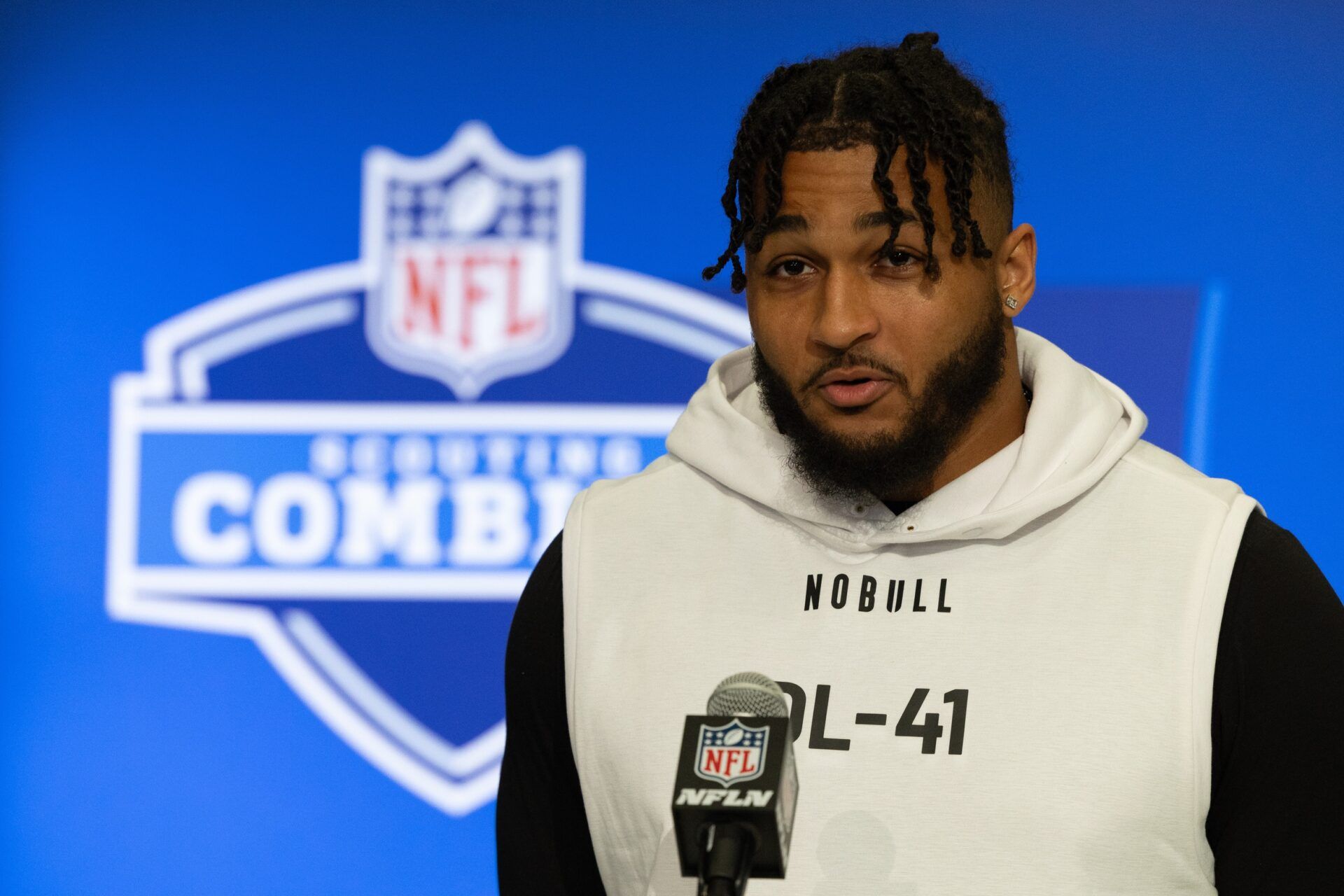 Western Michigan defensive lineman Marshawn Kneeland (DL41) talks to the media at the 2024 NFL Combine at Indiana Convention Center.