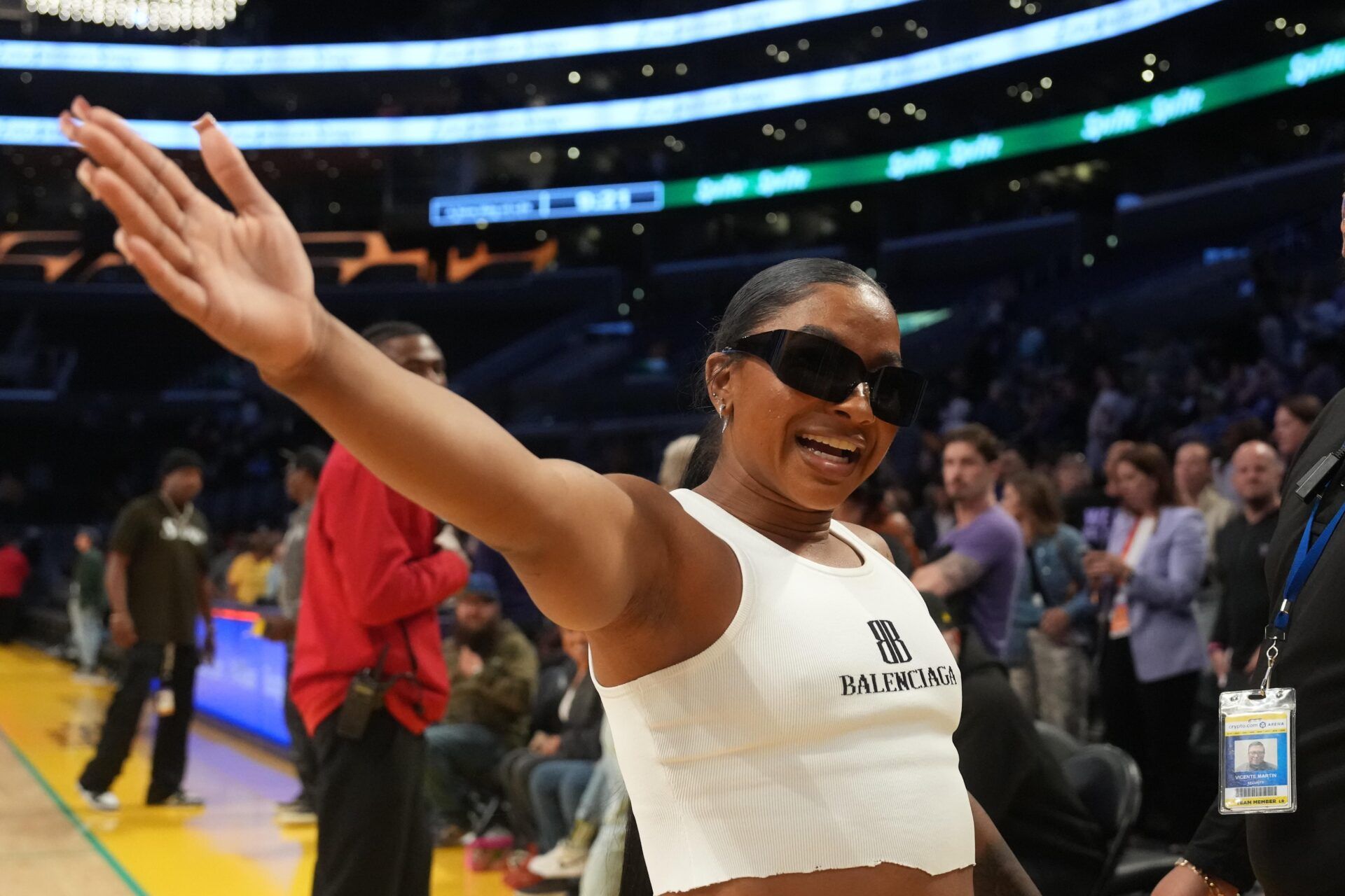 Jordan Chiles attends the game between the Golden State Valkyries and the LA Sparks at Crypto.com Arena.