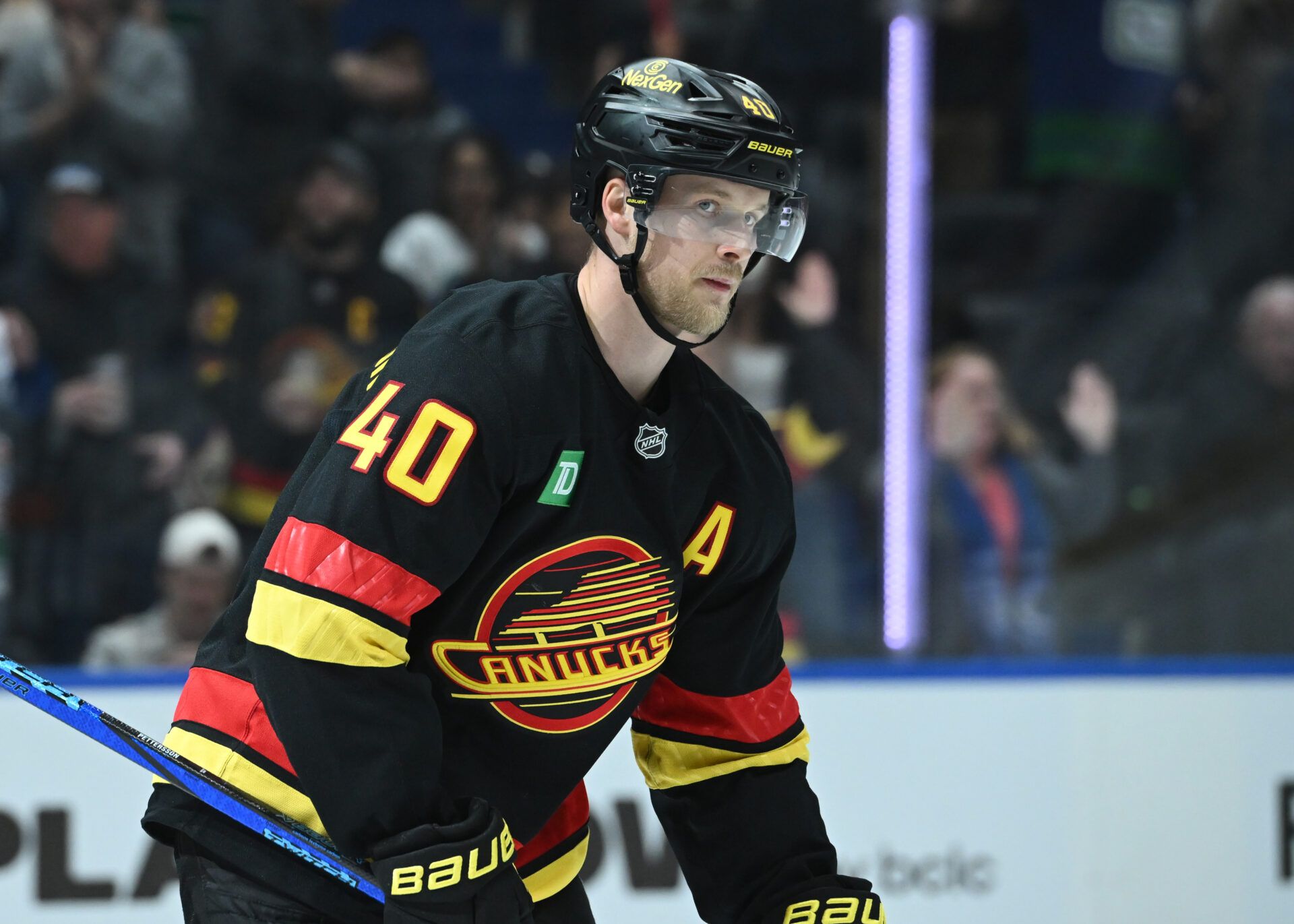 Vancouver Canucks center Elias Pettersson (40) skates to the beanch during the third period against the Edmonton Oilers at Rogers Arena.