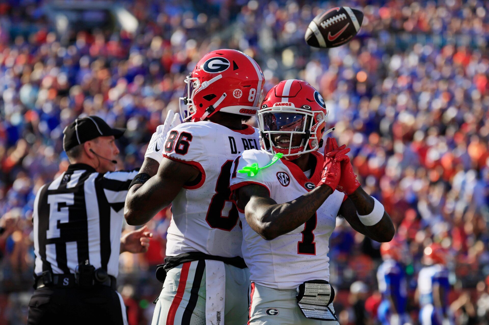 Georgia Bulldogs wide receiver Dillon Bell (86) reacts to scoring a touchdown with teammate wide receiver Zachariah Branch (1) during the first quarter of an NCAA football game, Saturday, Nov. 1, 2025, at EverBank Stadium in Jacksonville, Fla. Georgia held off Florida 24-20. [Corey Perrine/Florida Times-Union]