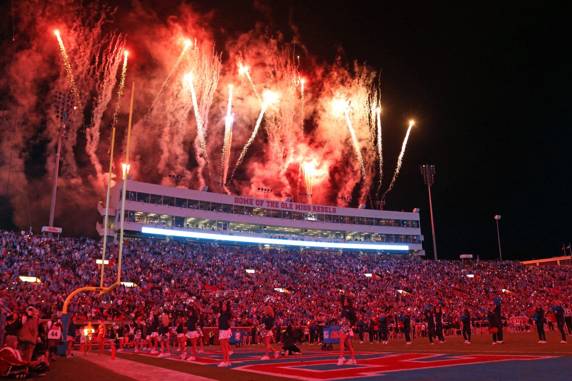 Mississippi Rebels cheerleaders perform between the third and fourth quarters against the South Carolina Gamecocks at Vaught-Hemingway Stadium.