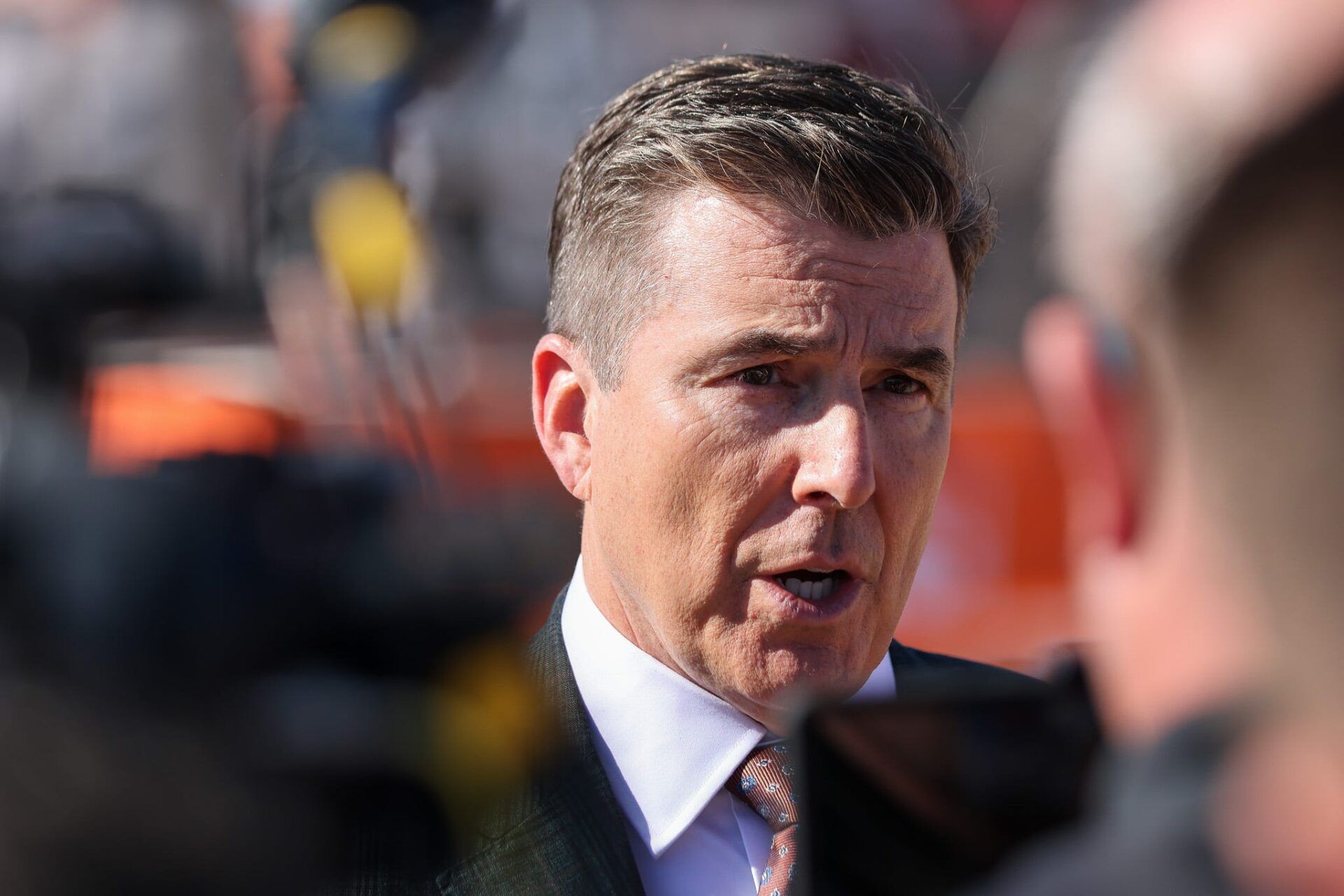 College GameDay host Rece Davis talks to members of local and national media on the Texas Tech University campus on Nov. 7, 2025 in Lubbock, Texas. The program will broadcast live on Saturday morning leading into the Red Raiders v. BYU Cougars football game.