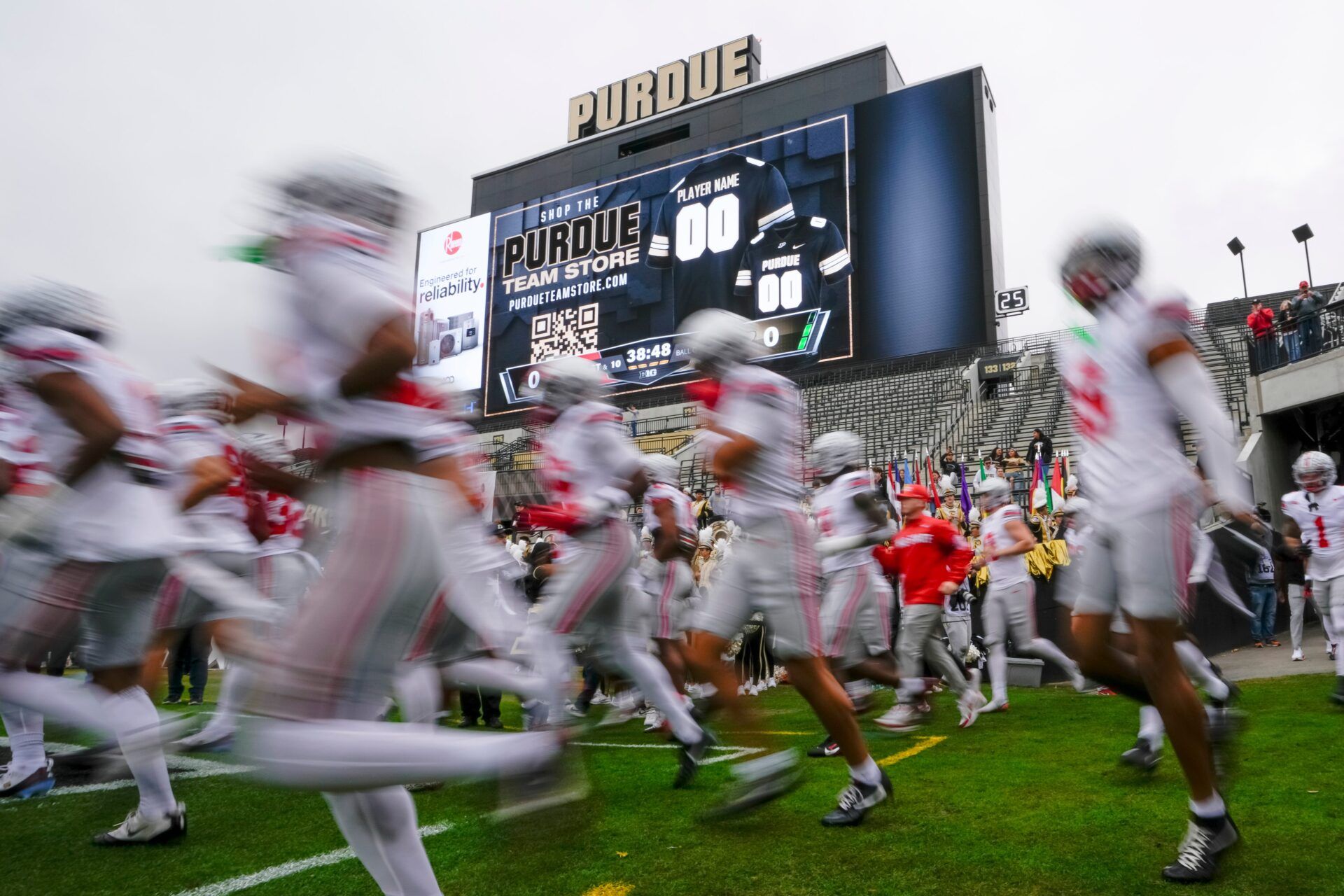The Ohio State Buckeyes take the field for warm ups prior to the NCAA football game against the Purdue Boilermakers at Ross-Ade Stadium in West Lafayette, Ind. on Nov. 8, 2025.