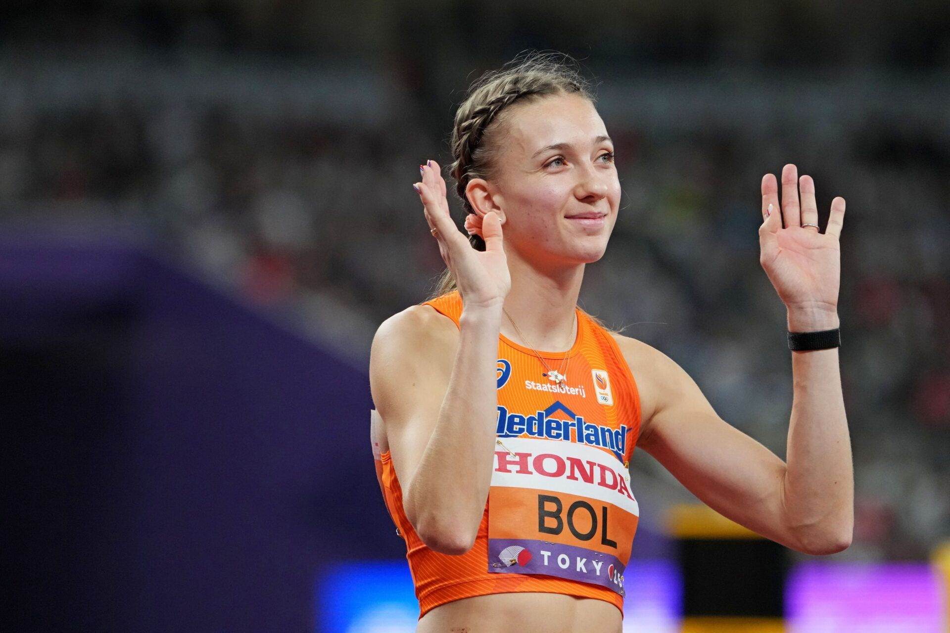 Femke Bol (NED) prepares to compete in the womens 400m hurdles during the World Athletics Championships at National Stadium.