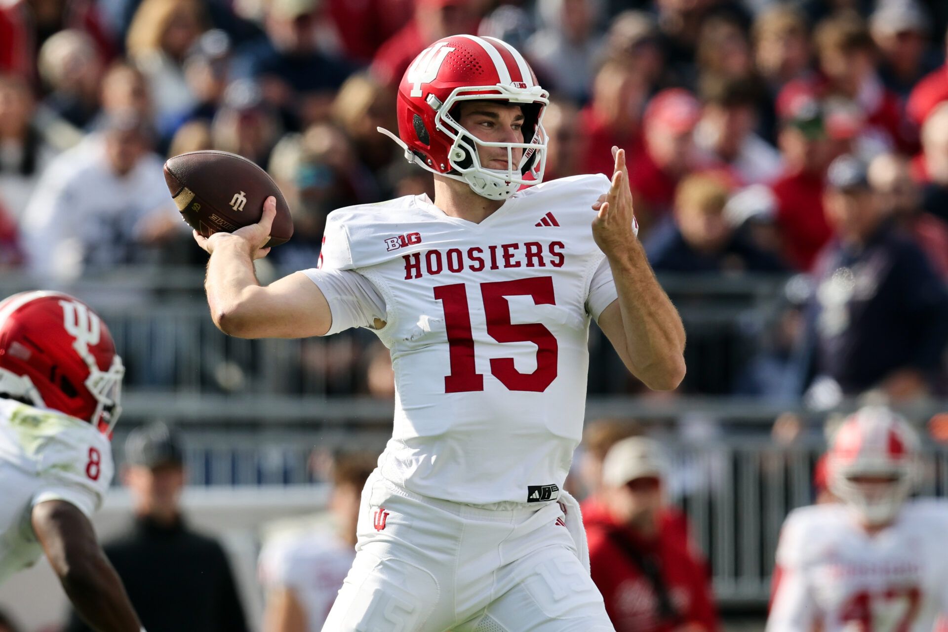 Indiana Hoosiers quarterback Fernando Mendoza (15) throws a pass during the first quarter against the Penn State Nittany Lions at Beaver Stadium.