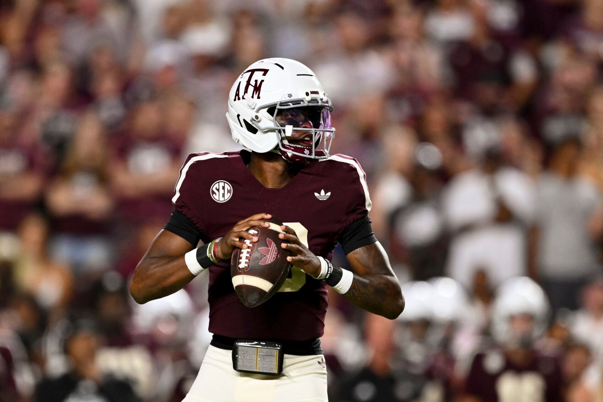 Texas A&M Aggies quarterback Marcel Reed (10) looks to pass the ball during the third quarter against the Florida Gators at Kyle Field.