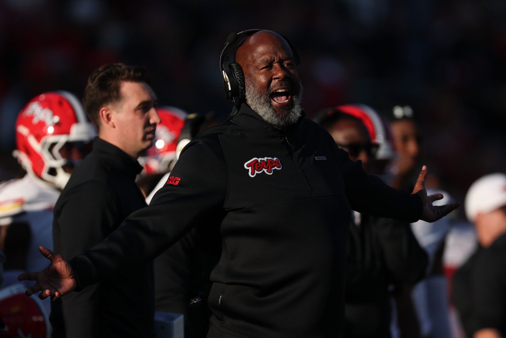 Maryland Terrapins head coach Mike Locksley reacts during the first half against the Rutgers Scarlet Knights at SHI Stadium.