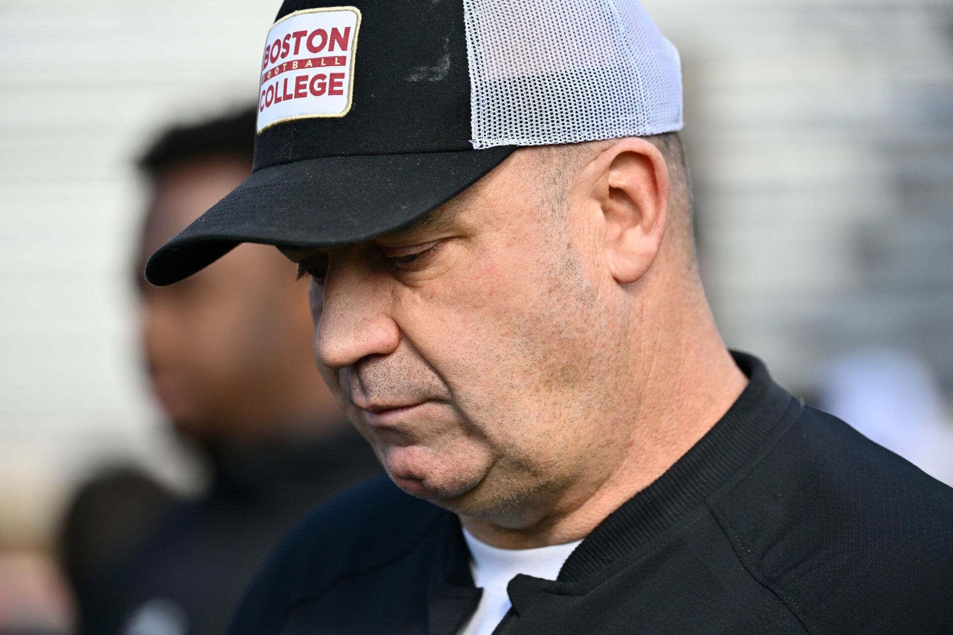 Boston College Eagles head coach Bill O'Brien walks on to the field for warms up before a game against the Southern Methodist University Mustangs at Alumni Stadium.
