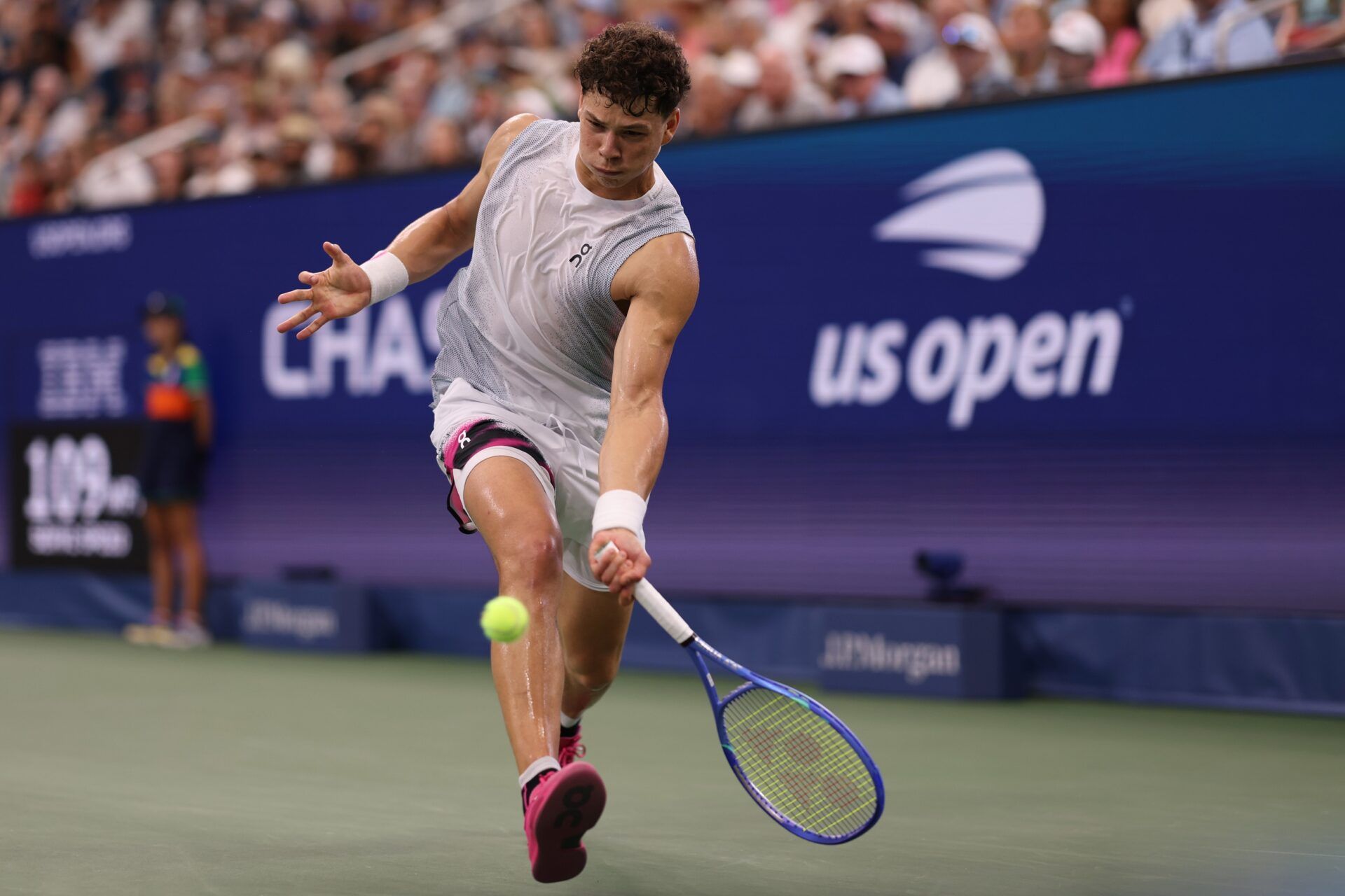 Ben Shelton (USA) reaches for a forehand against Adrian Mannarino (FRA) (not pictured) on day six of the 2025 US Open tennis tournament at Billie Jean King USTA National Tennis Center.