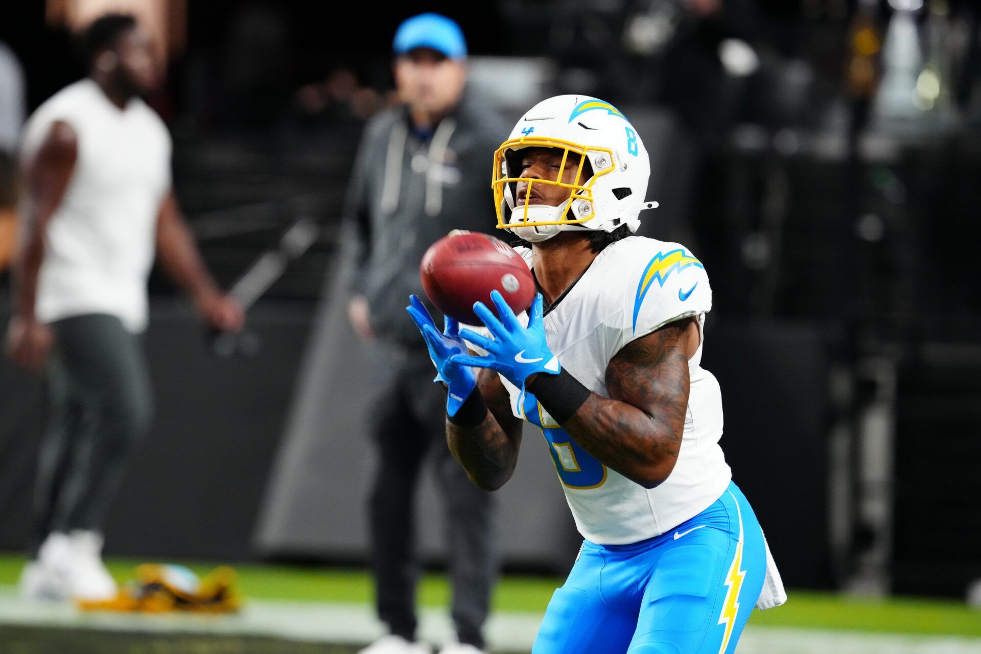 Los Angeles Chargers running back Omarion Hampton (8) catches a pass during warm ups before the game against the Las Vegas Raiders at Allegiant Stadium.