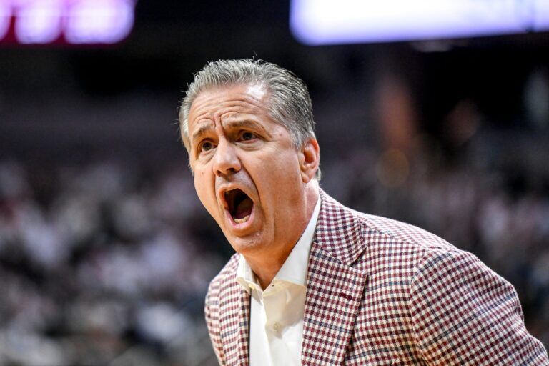 Arkansas' head coach John Calipari calls out to his players during the first half against Michigan State on Saturday, Nov. 8, 2025, at the Breslin Center in East Lansing.