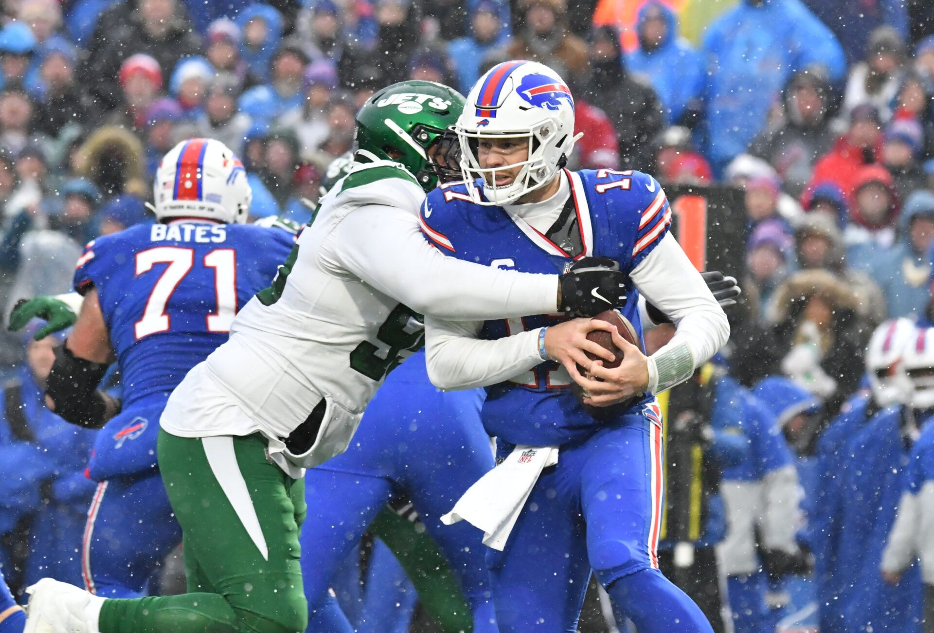 Buffalo Bills quarterback Josh Allen (17) is sacked by New York Jets defensive tackle Quinnen Williams (95) in the first quarter at Highmark Stadium.