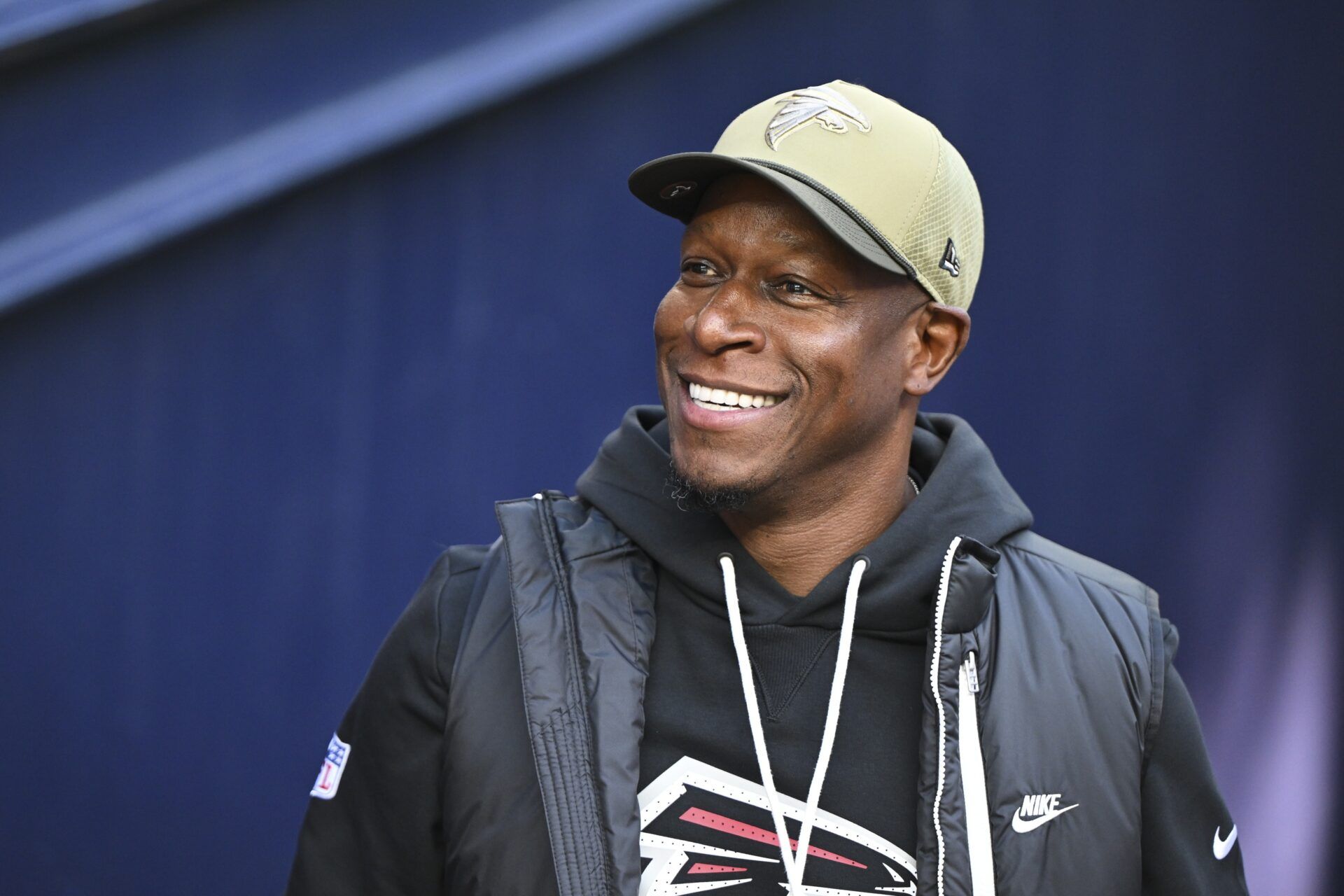 Atlanta Falcons head coach Raheem Morris prior to the game against the Atlanta Falcons at Gillette Stadium.