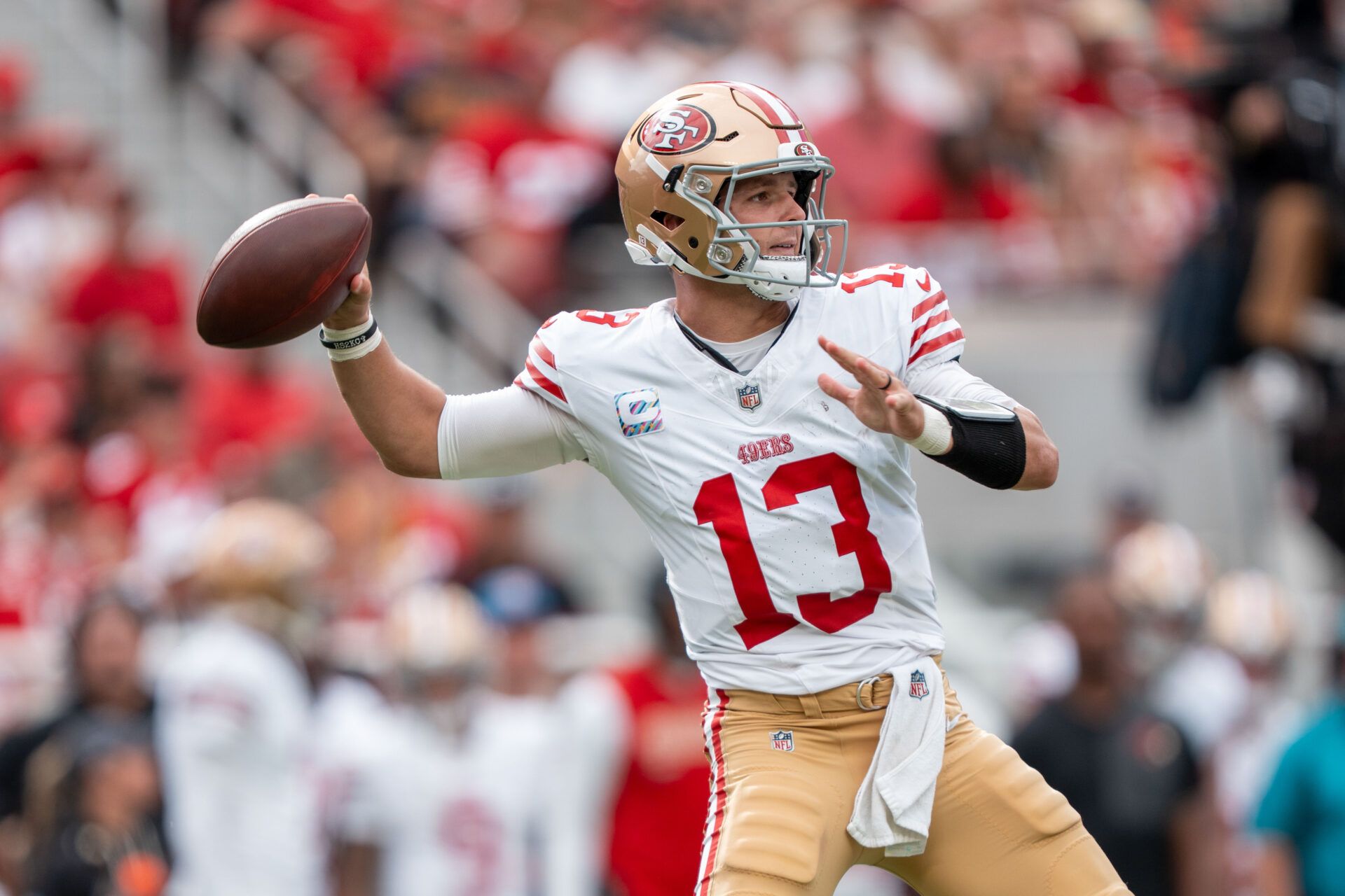 San Francisco 49ers quarterback Brock Purdy (13) makes a pass during the second half against the Jacksonville Jaguars at Levi's Stadium.