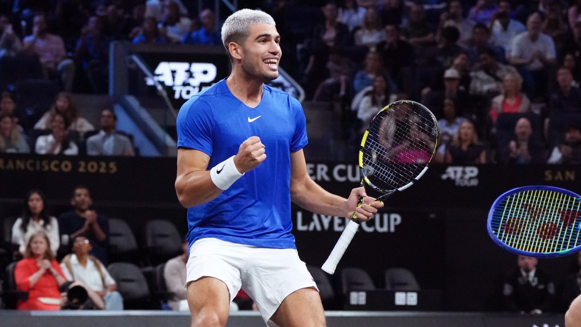 Team Europe player Carlos Alcaraz celebrates match point in his doubles match against Team World at the Laver Cup at Chase Center.