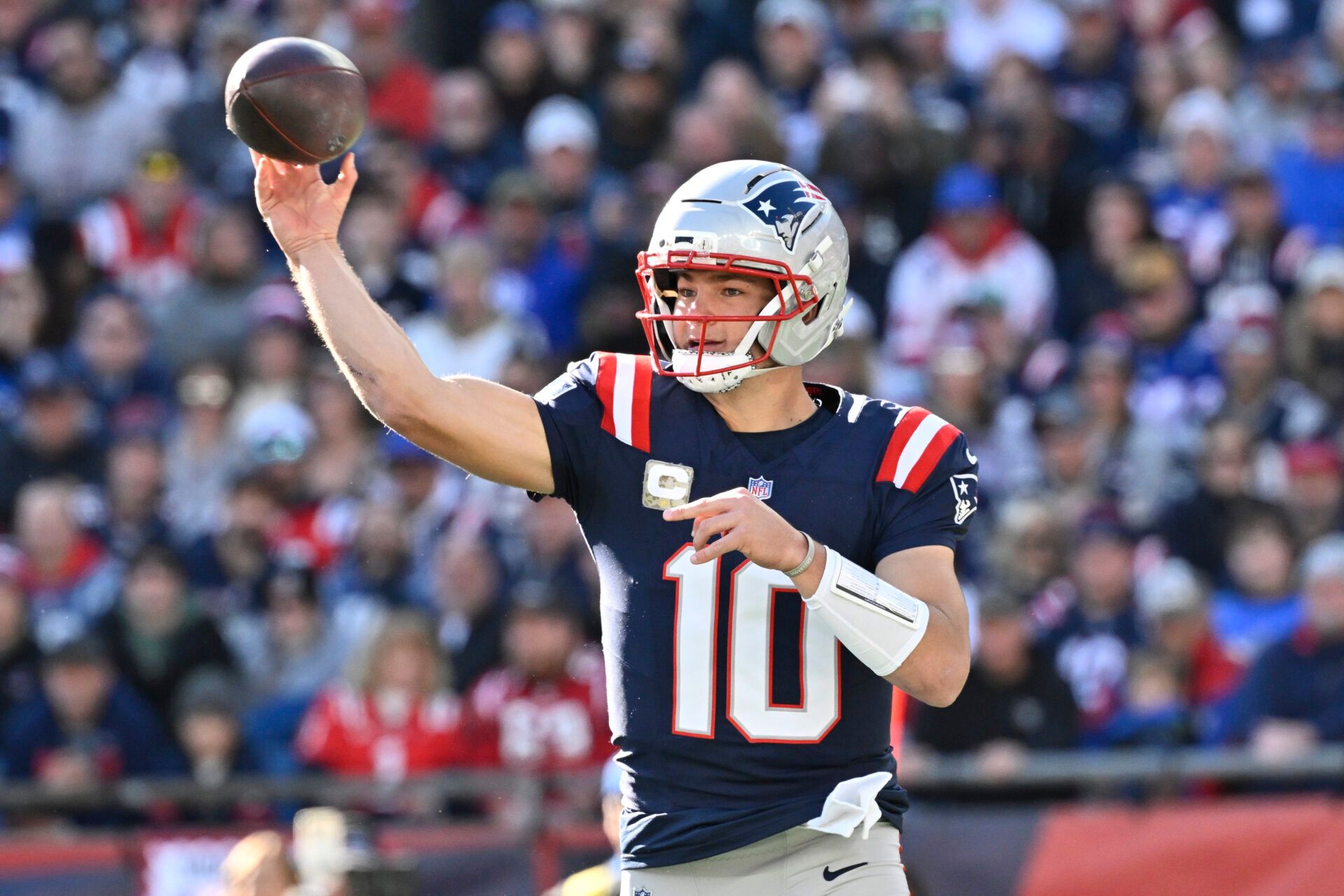 New England Patriots quarterback Drake Maye (10) passes against the Atlanta Falcons during the first half at Gillette Stadium.