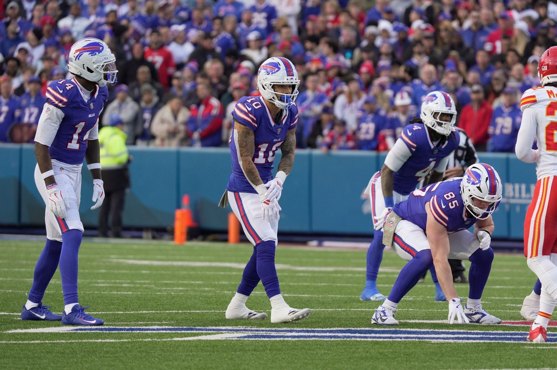 Buffalo Bills wide receiver Tyrell Shavers, wide receiver Khalil Shakir, and tight end Jackson Hawes are lined yup to the right of quarterback Josh Allen during first half action against the Kansas City Chiefs at Highmark Stadium in Orchard Park on Nov. 2, 2025.