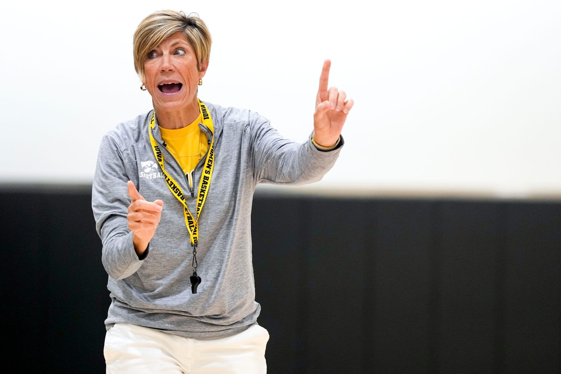 Iowa head coach Jan Jensen speaks to her team during a women’s basketball practice July 22, 2025 at Carver-Hawkeye Arena in Iowa City, Iowa.