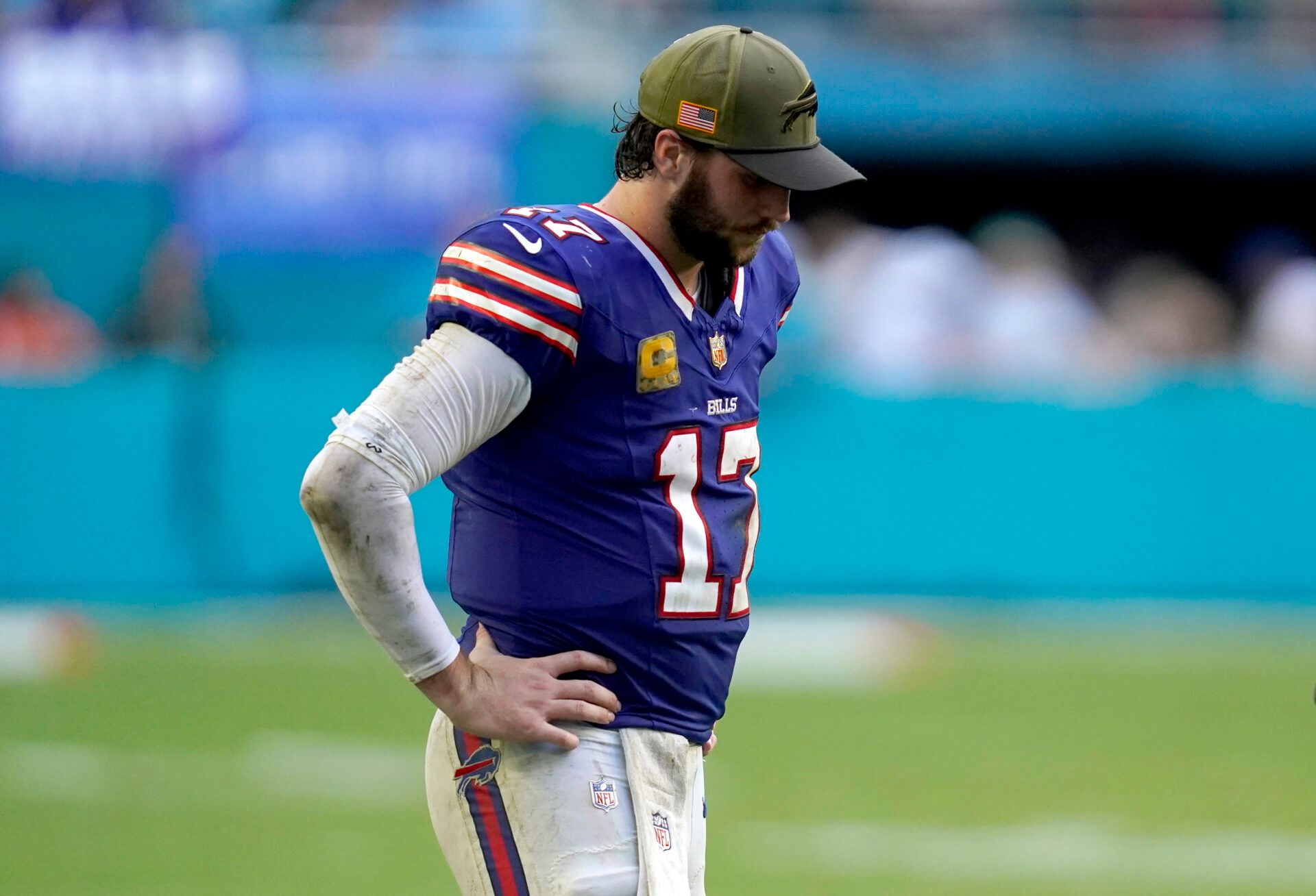 Buffalo Bills quarterback Josh Allen (17) reacts during the second half against the Miami Dolphins at Hard Rock Stadium.