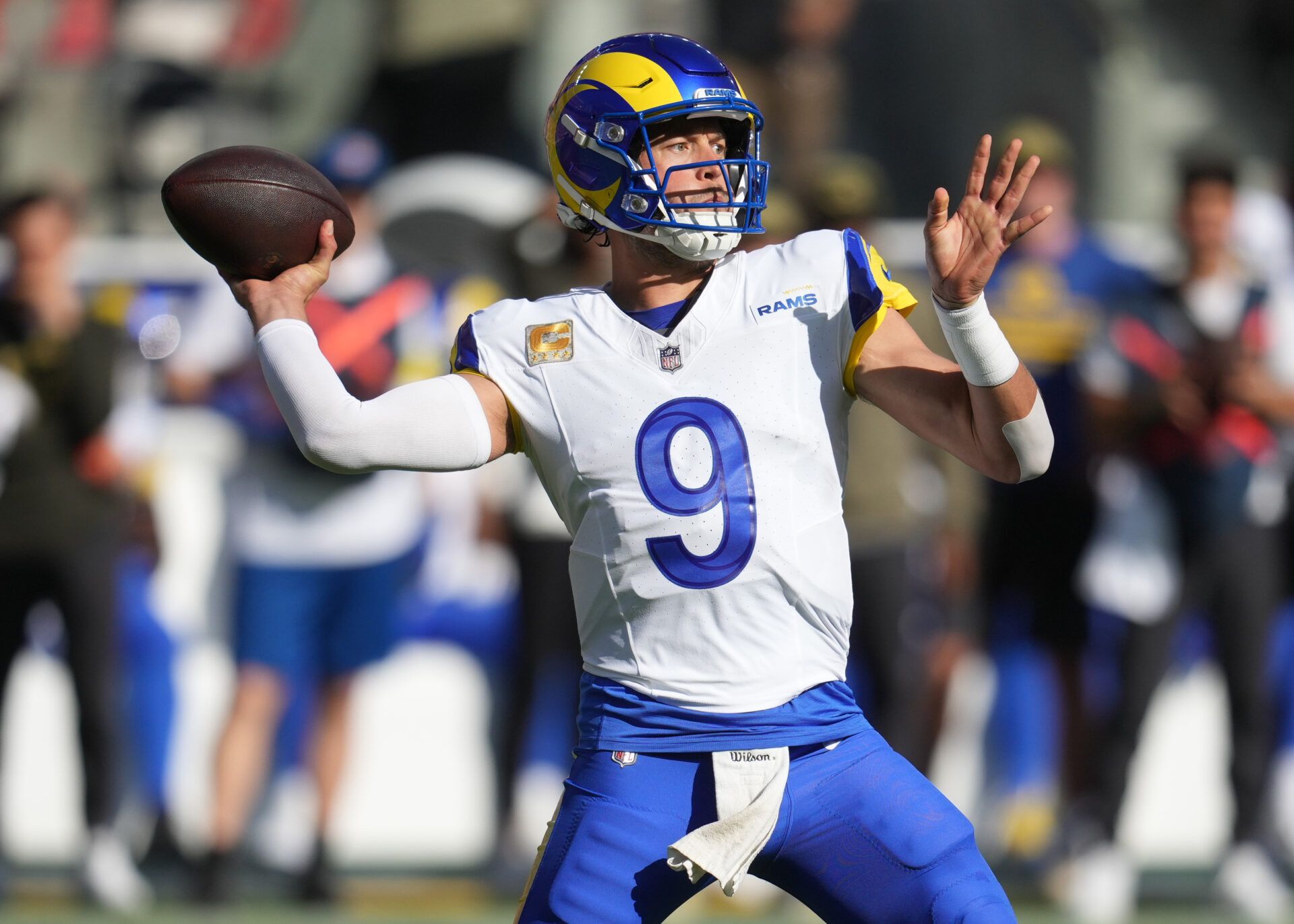 Los Angeles Rams quarterback Matthew Stafford (9) throws a pass during the first quarter against the San Francisco 49ers at Levi's Stadium.