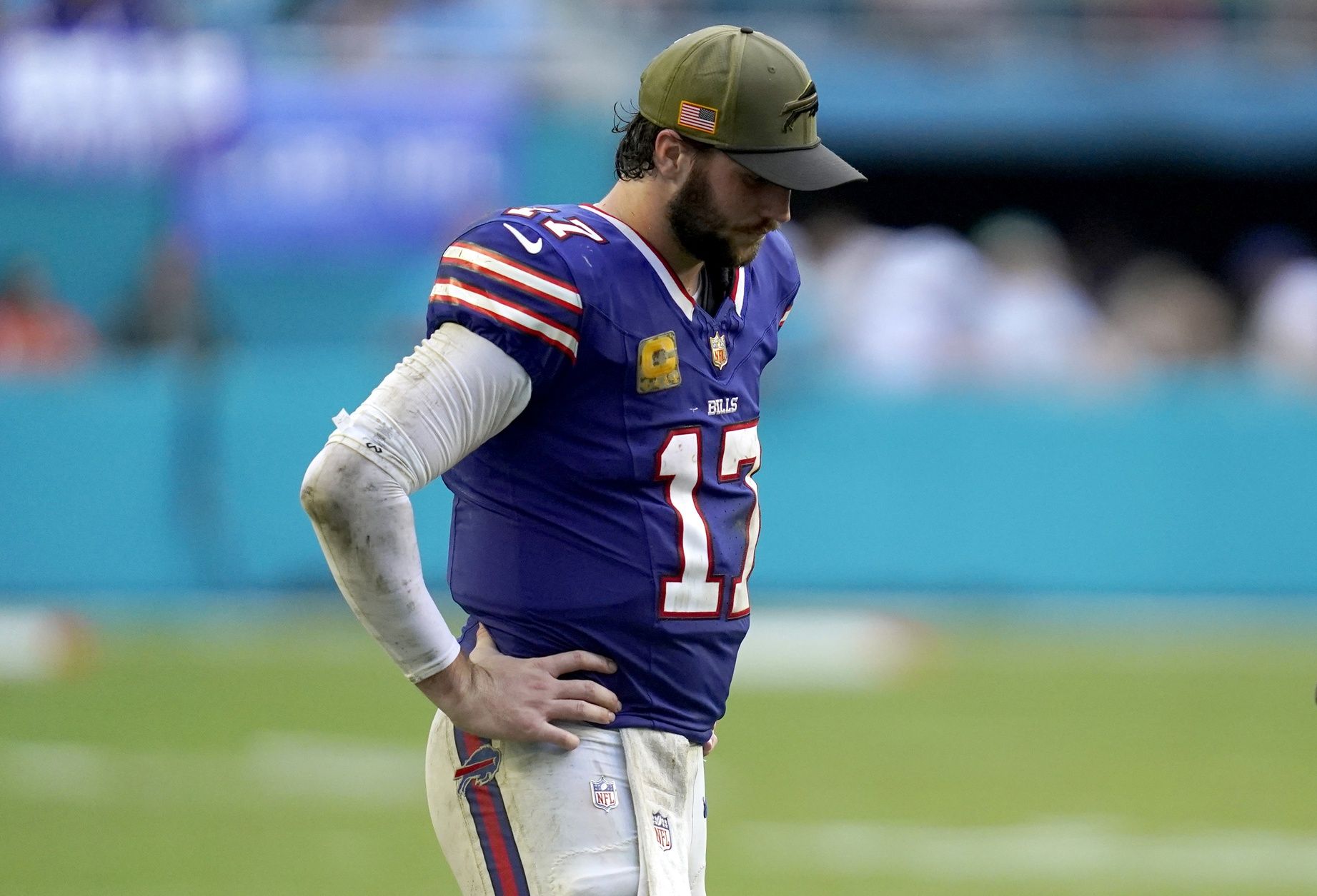 Buffalo Bills quarterback Josh Allen (17) reacts during the second half against the Miami Dolphins at Hard Rock Stadium.