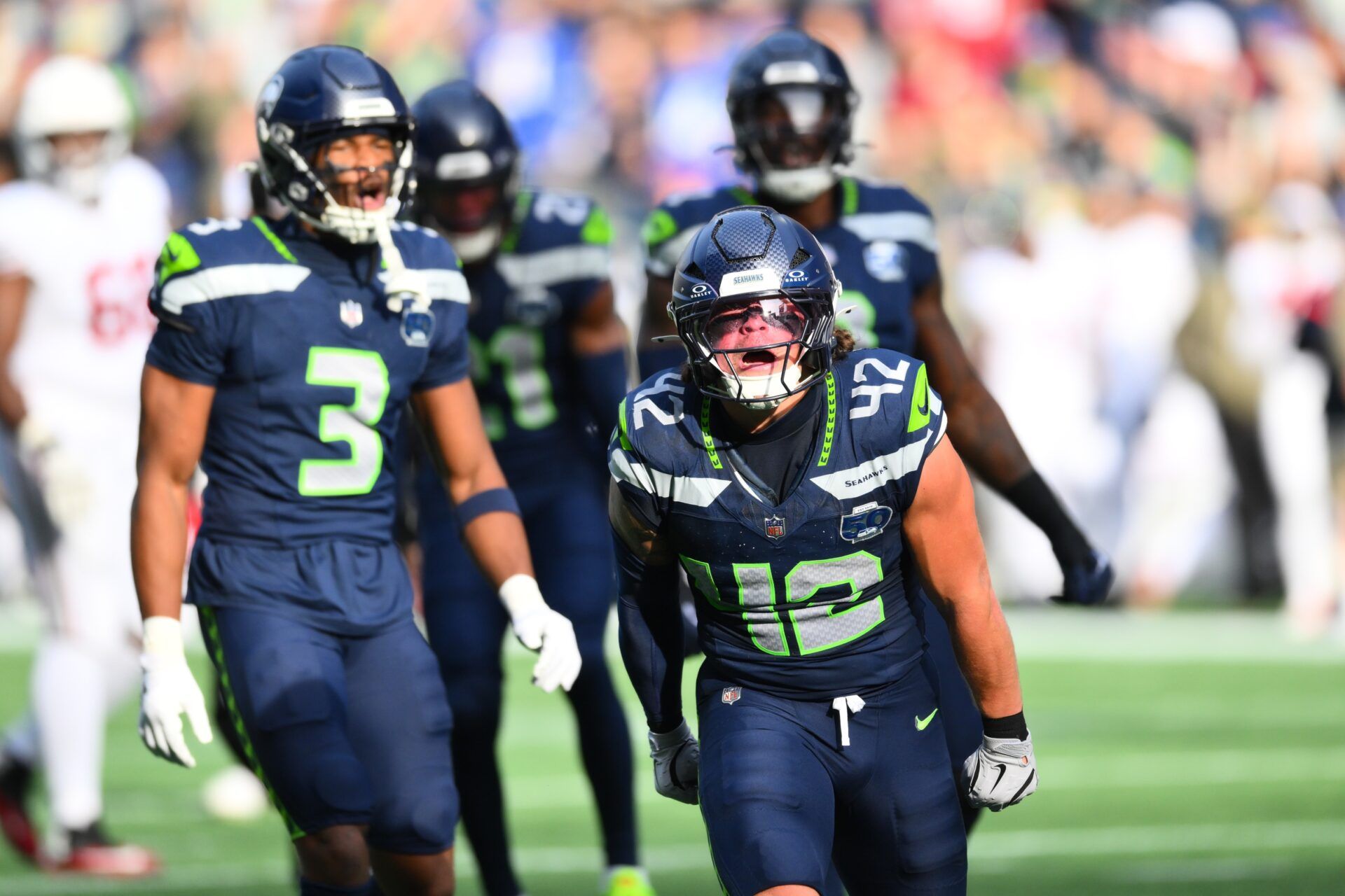 Seattle Seahawks linebacker Drake Thomas (42) celebrates a defensive stop during the first quarter against the Arizona Cardinals at Lumen Field.