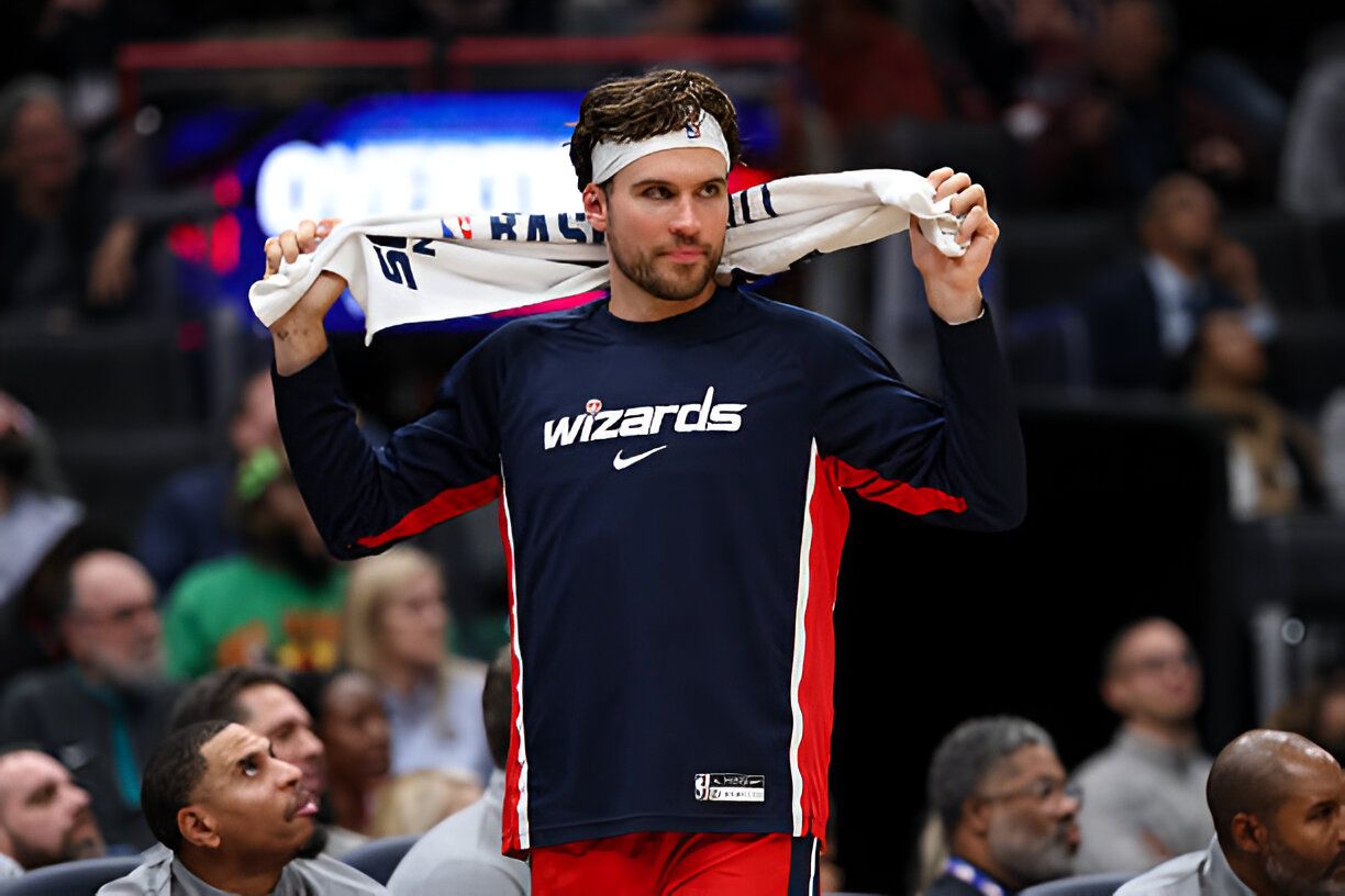 Corey Kispert #24 of the Washington Wizards looks on during overtime against the Philadelphia 76ers at Capital One Arena
(Photo by Scott Taetsch/Getty Images)