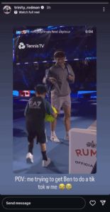 Ben Shelton’s Girlfriend Trinity Rodman Reacts As Player Escort Steals