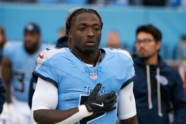 Tennessee Titans running back Tyjae Spears (2) during the first half at Nissan Stadium.