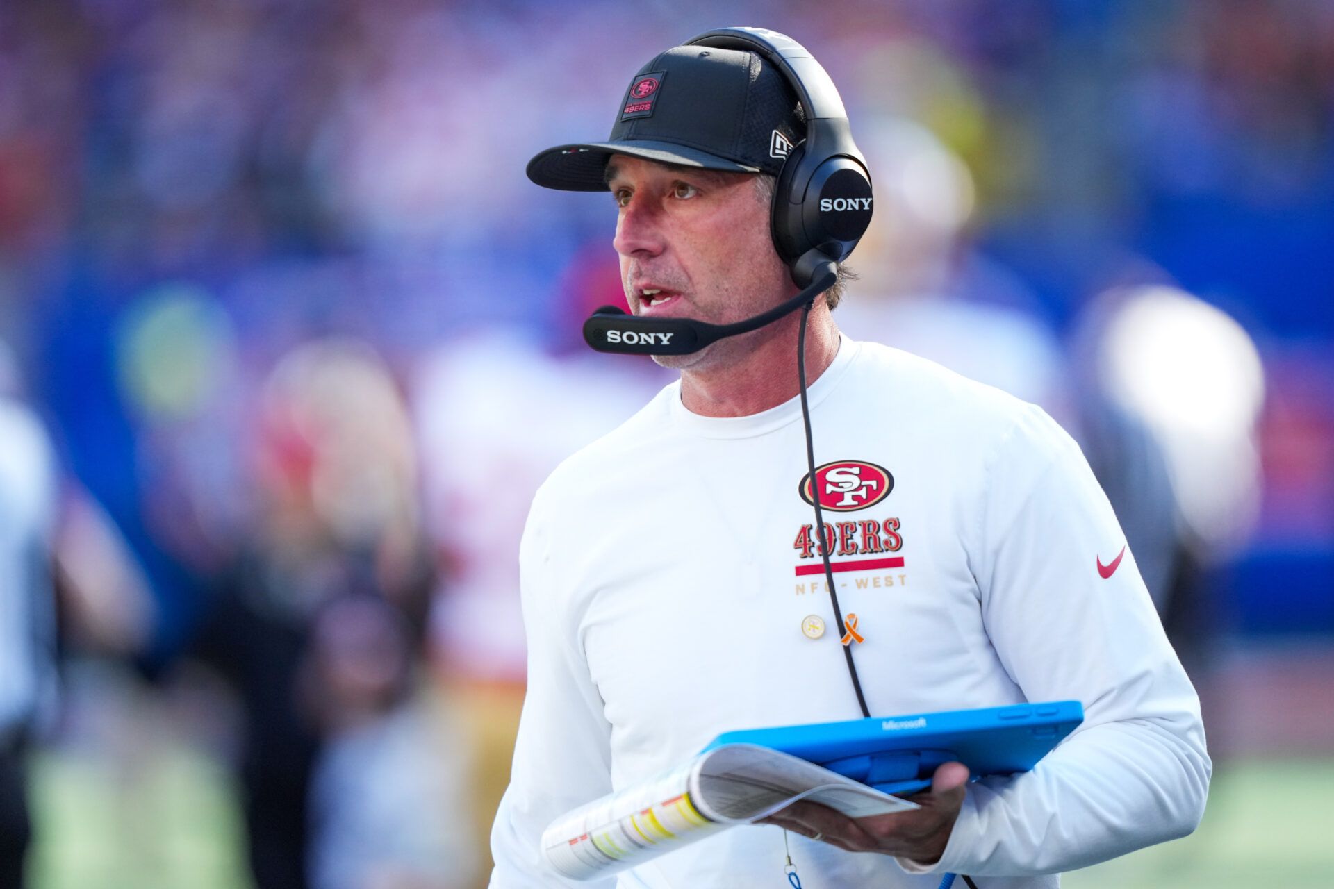 San Francisco 49ers head coach Kyle Shanahan on the sideline during the first half of a game against the New York Giants at MetLife Stadium.