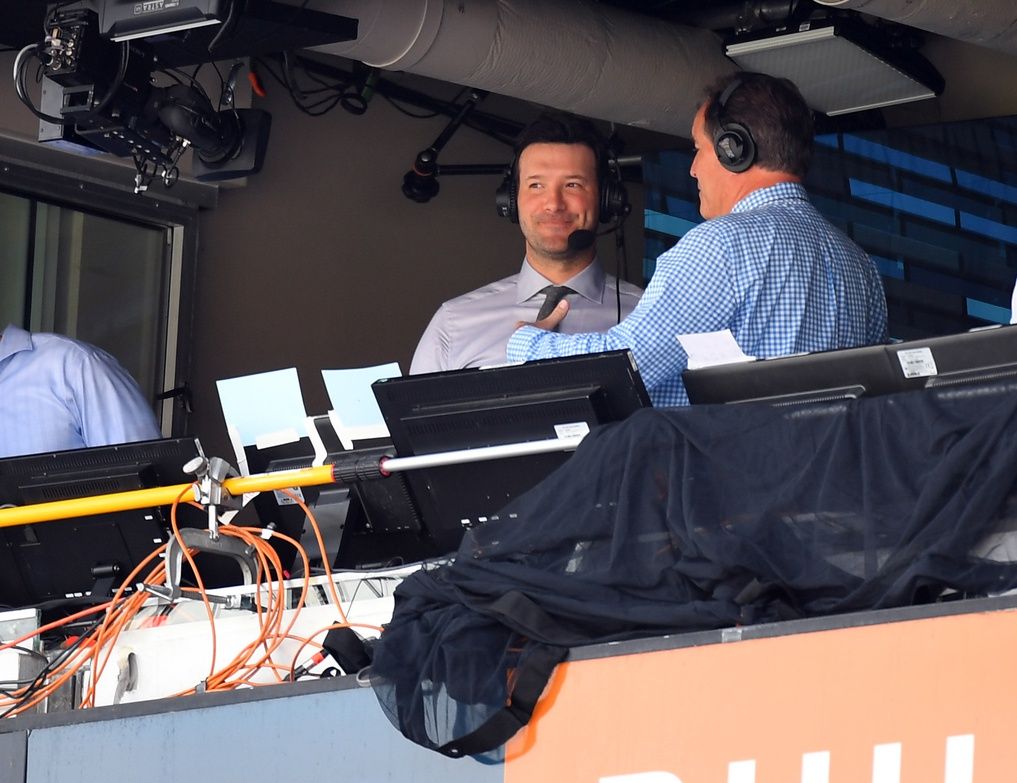 NFL former quarterback Tony Romo in the booth during the Tennessee Titans game against the Oakland Raiders at Nissan Stadium.
