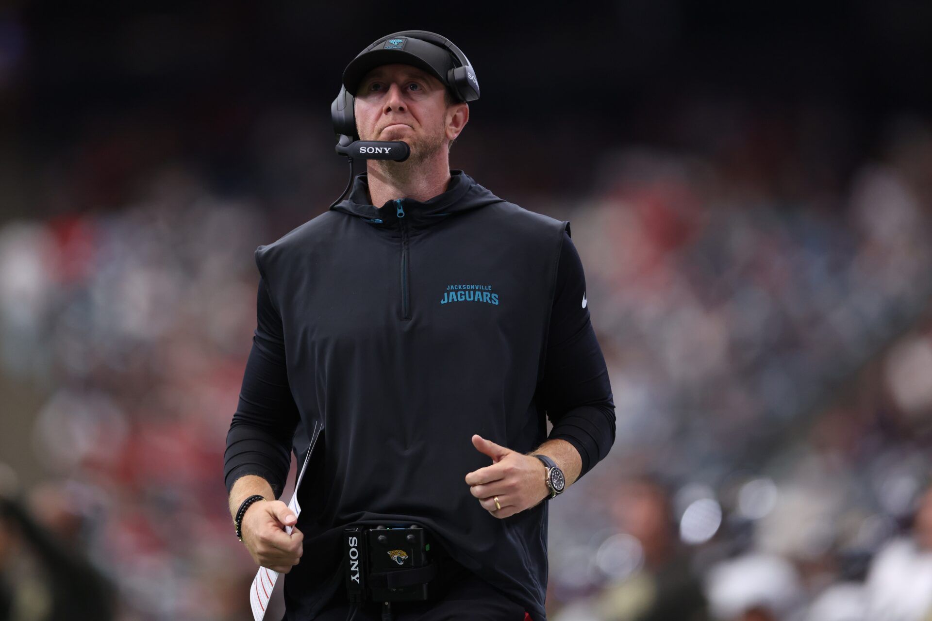 Jacksonville Jaguars head coach Liam Coen on the sidelines against the Houston Texans during the second half at NRG Stadium.
